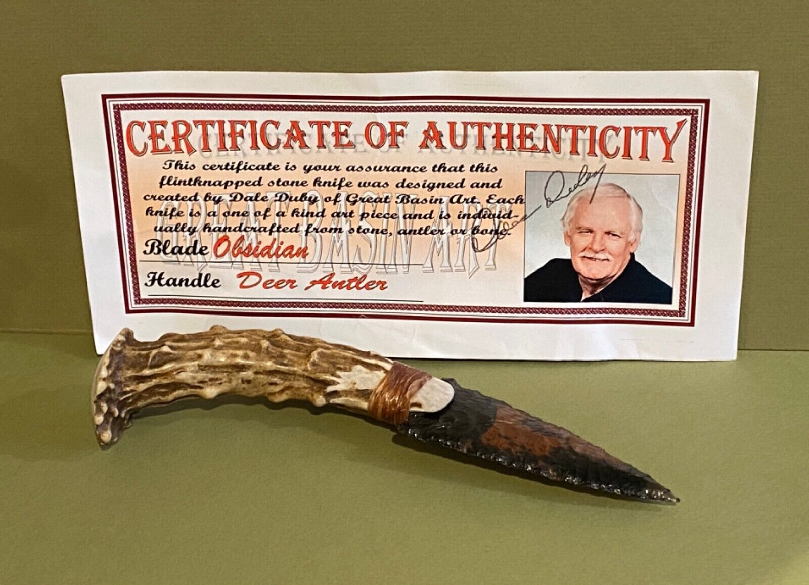 Dale Duby Obsidian & Deer Antler Hand Knapped Knife EUC 7.25” Authenticity Cert