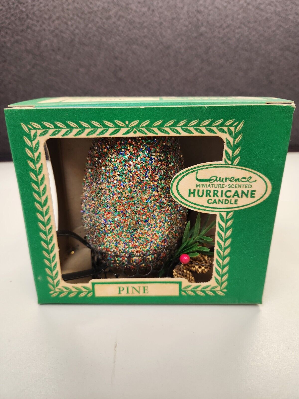 Vintage Laurence Miniature Multicolor Pine Hurricane Candle Boxed Glitter W/Box