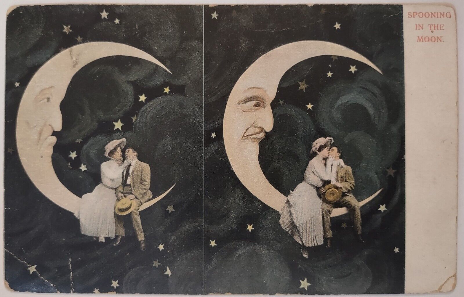 Vintage Postcard Spooning in the Moon Paper Crescent Moon b AA31