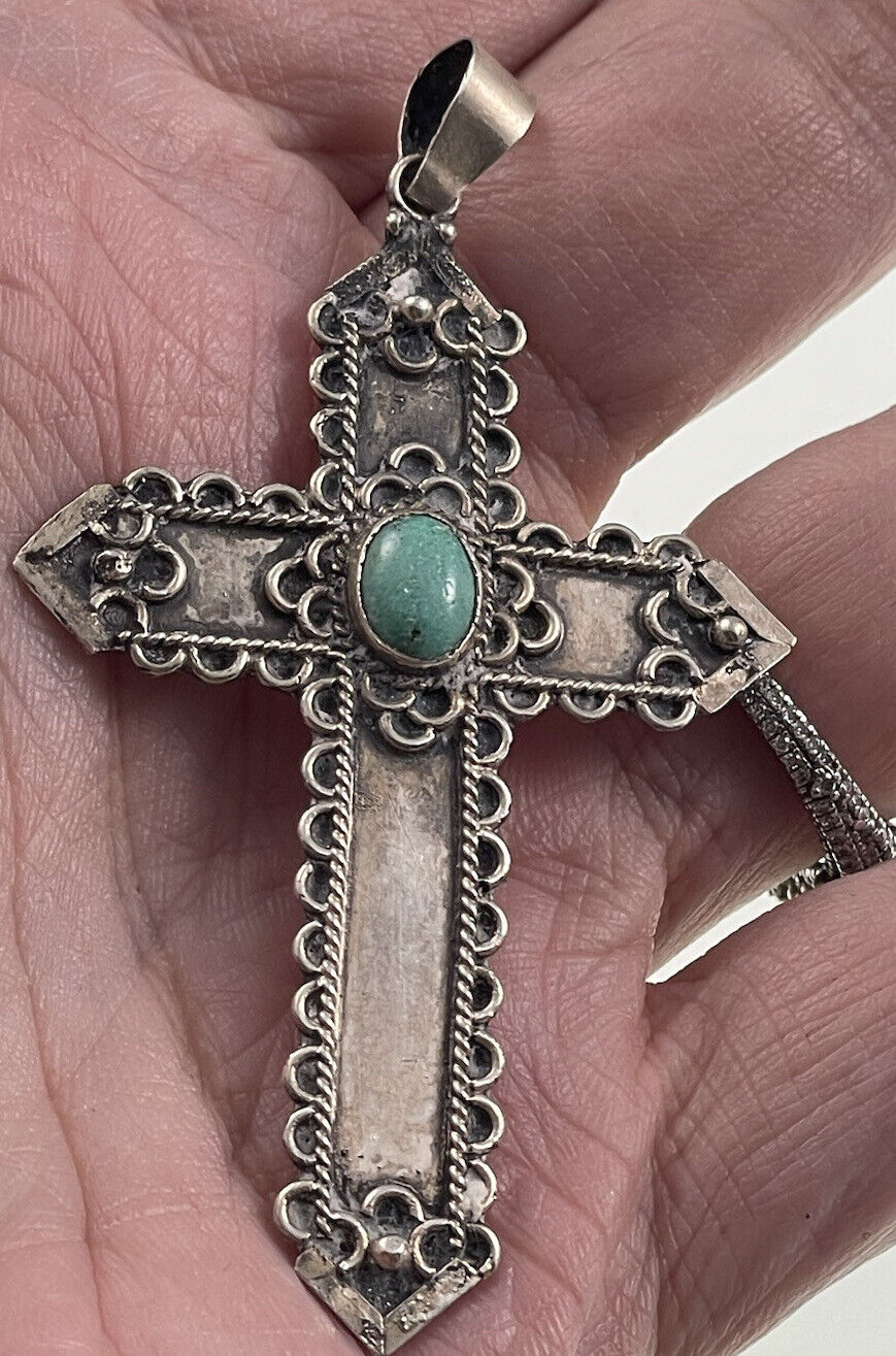 Vintage 950 Silver Cross, Turquoise Accent Stone, 5.0 Grams Silver