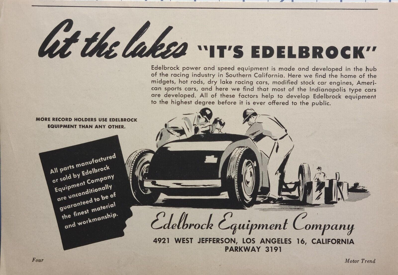 Edelbrock Equipment Company Los Angeles Speed At The Lakes Vintage Print Ad 1950