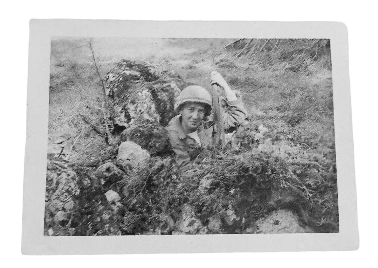 WW2 Era Photo U.S. GI Sitting In Small Hole Defensive Fighting Position