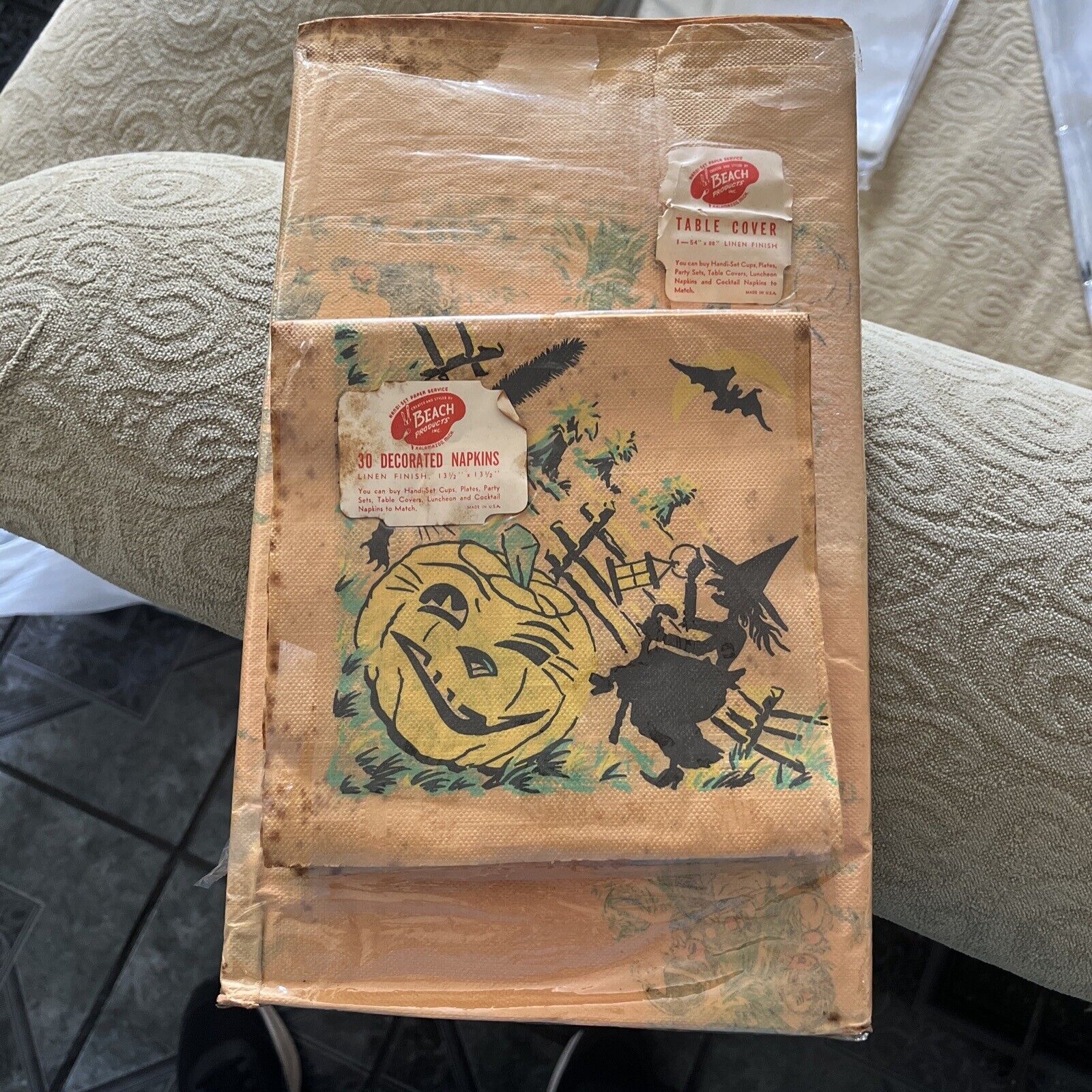 Vintage 50’s-60’s Paper Halloween Napkins And Table Cover In Original Plastic 