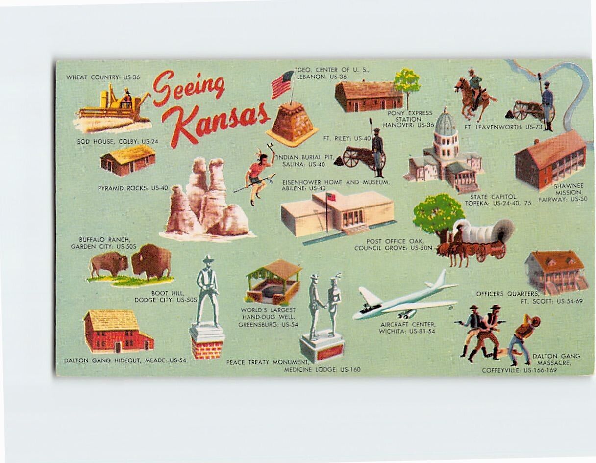 Postcard Seeing Kansas Various Notable Kansas Landmarks & Attractions Kansas USA