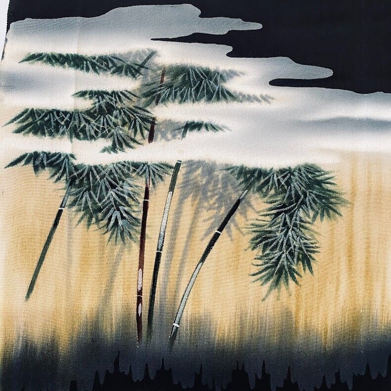 Bamboo Forest #A 14x61 LONG Vintage Tomesode Black Silk Kimono Fabric ToF6