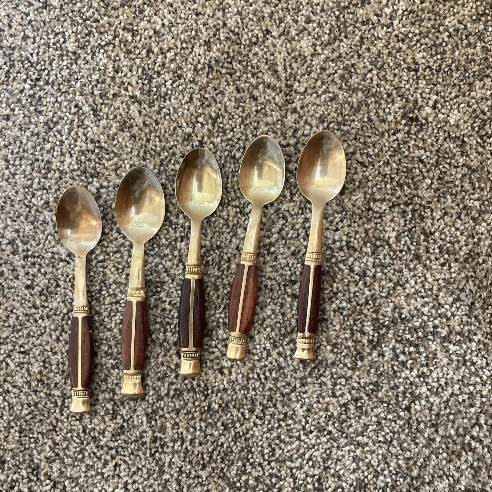 Vintage Small Demitasse Tea Spoons Brass Teak Inlaid Wood Thailand Set of  5