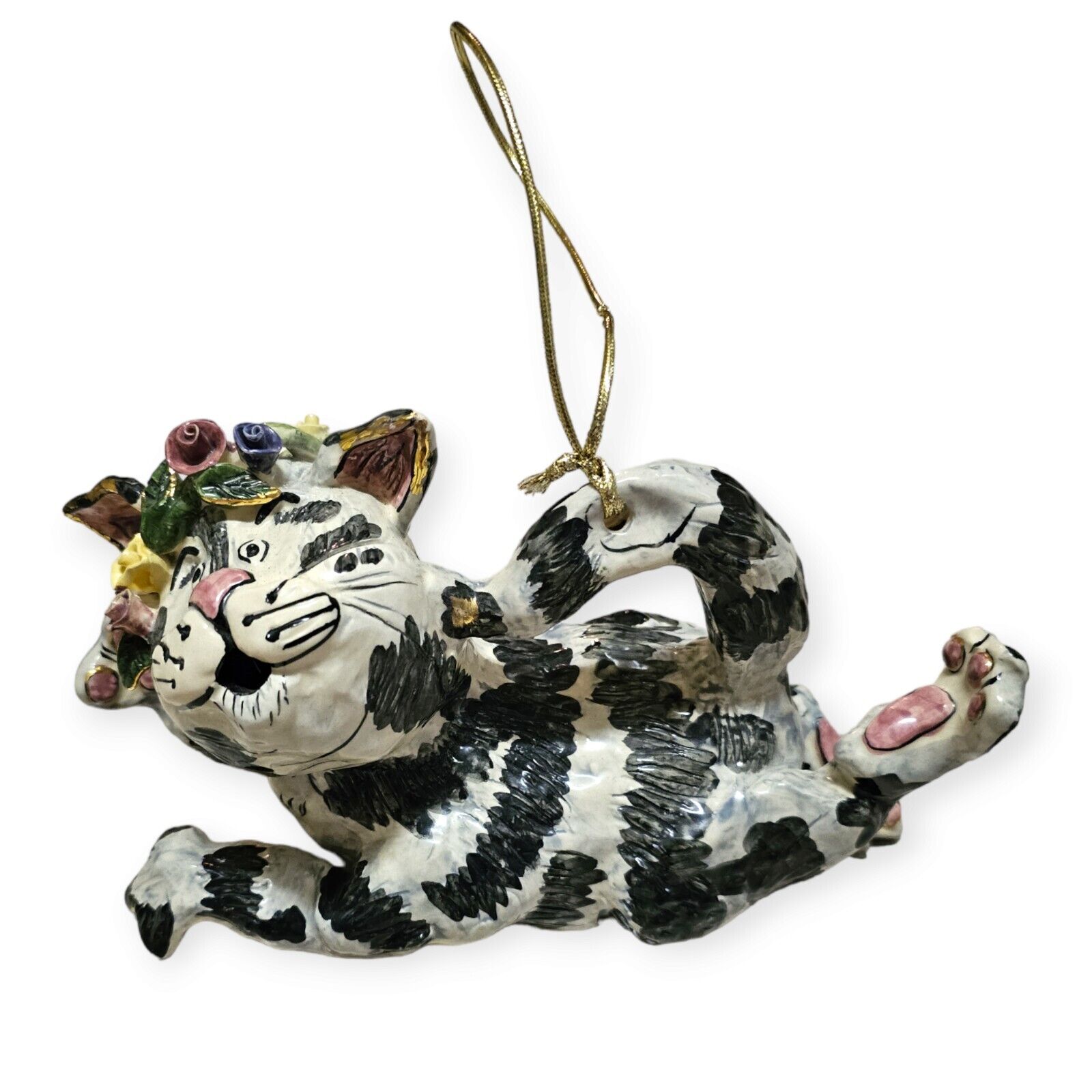Vintage Heather Goldminc 2000 Ceramic Whimsical Cat With Gold Detailing.