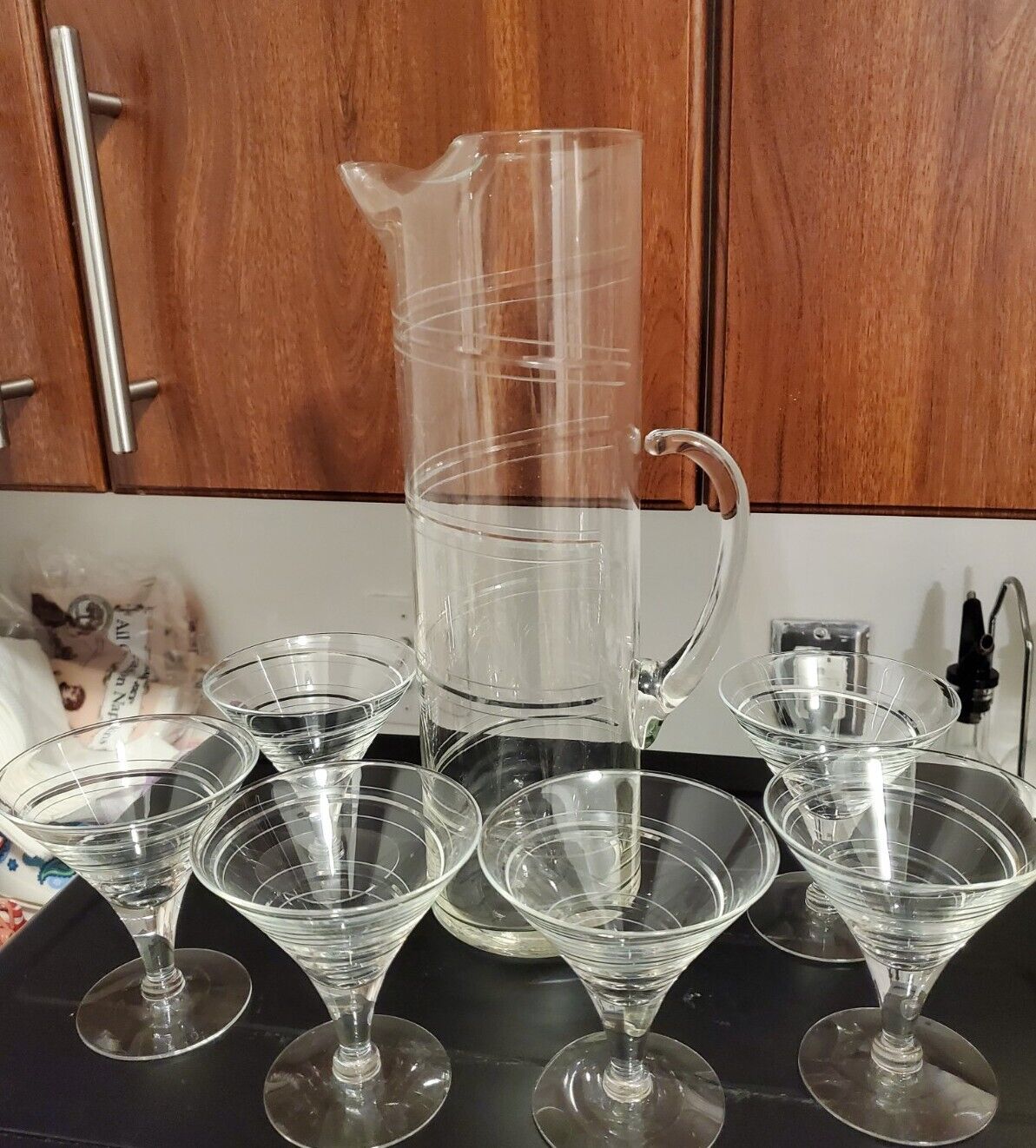 Vintage COCKTAIL PITCHER Set SIX STEMMED GLASSES Crystal 