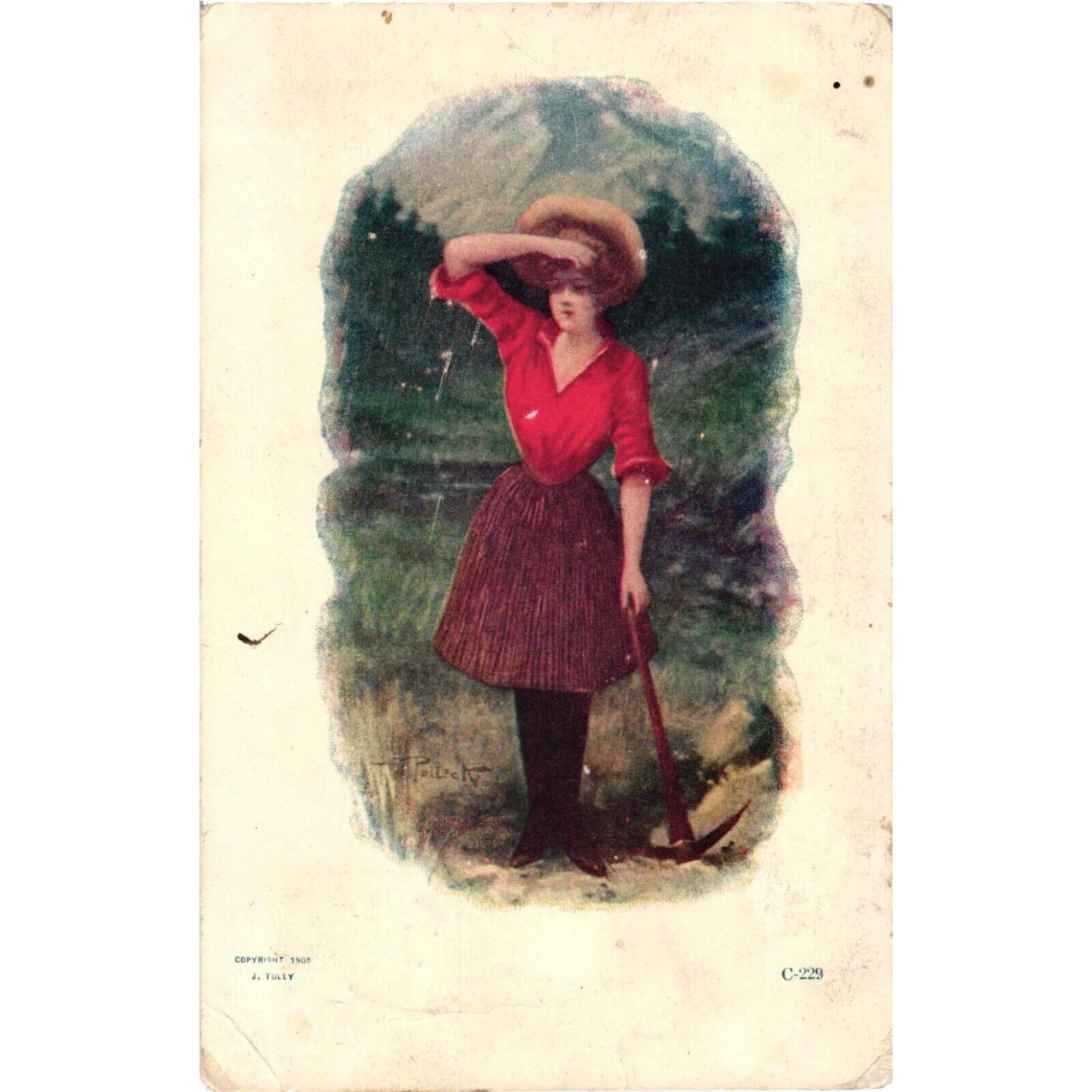 1905 J Tully Woman With Pick Ax by HM Pollock Postcard Posted1908