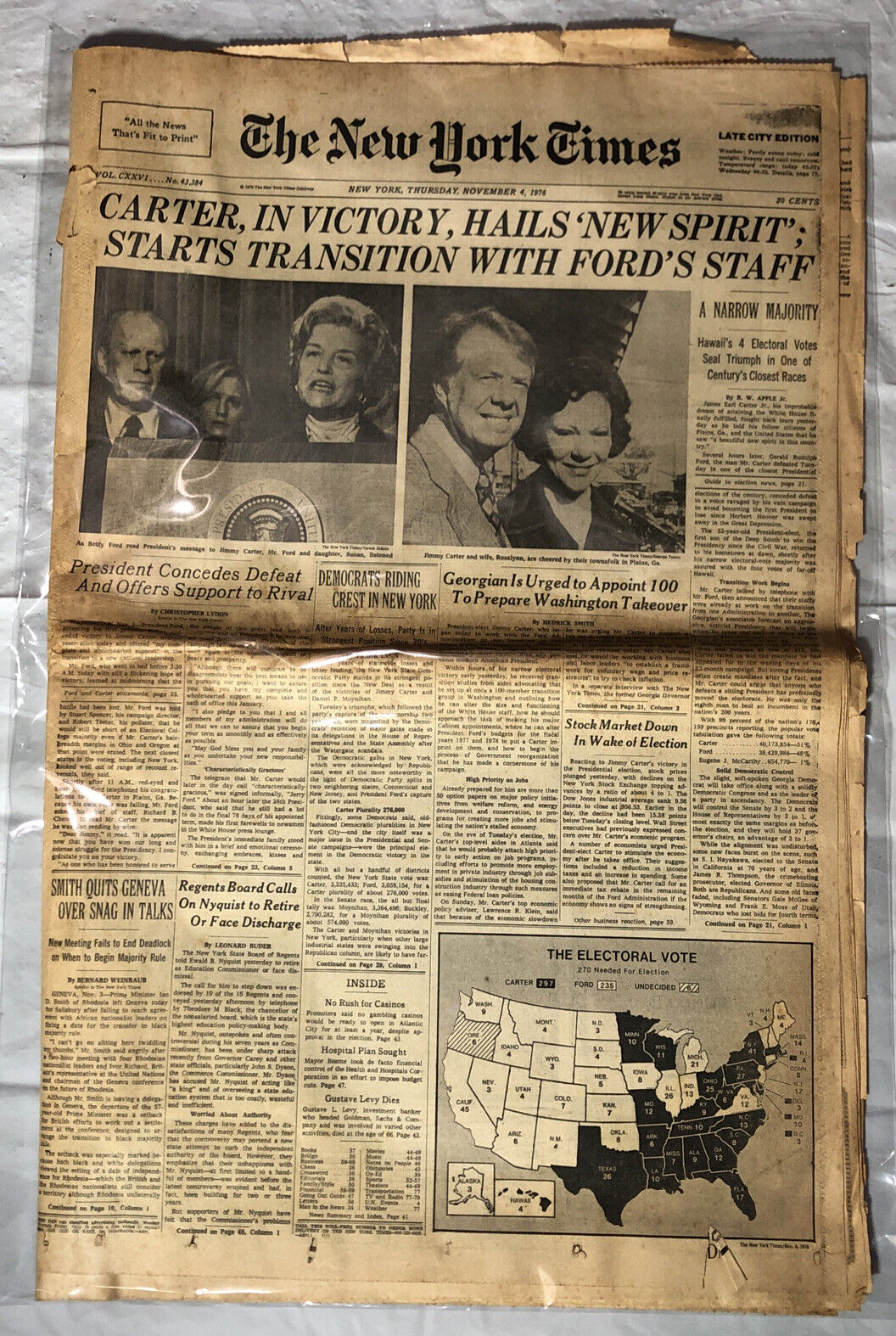 Vintage 11/4/76 New York Times Newspaper Carter, In Victory, Hails ‘New Spirit’;