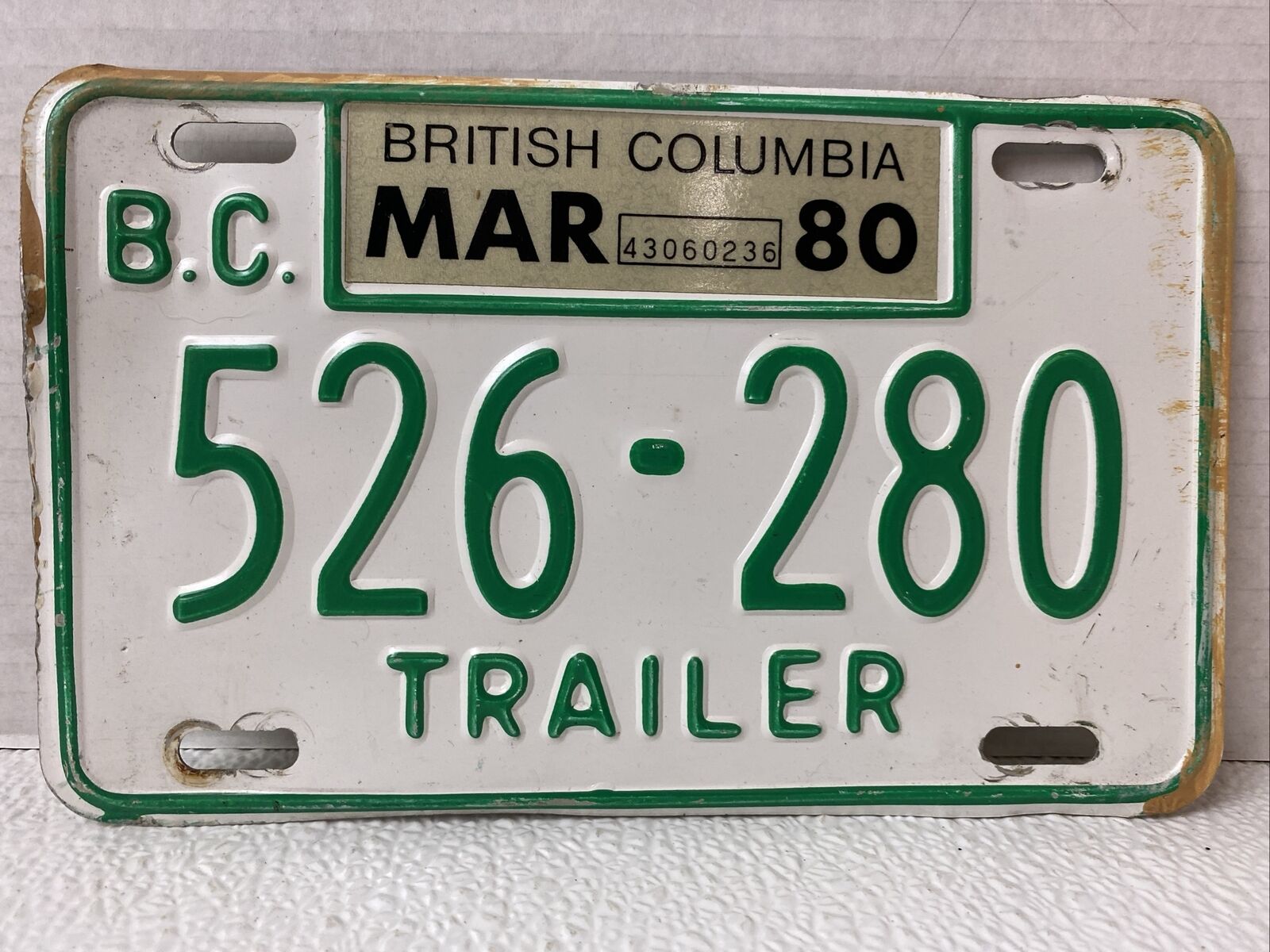 1980 British Columbia Trailer License Plate 526-280 Collectible Mar 80 Tags