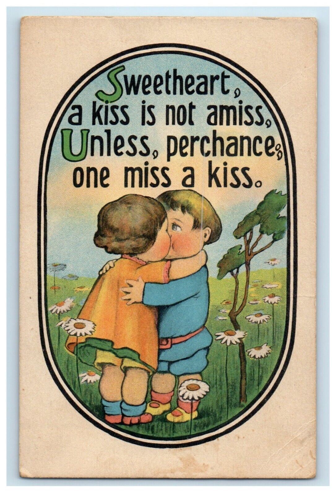 c1910's Valentine Sweet Couple Kissing Flowers And Trees Antique Postcard