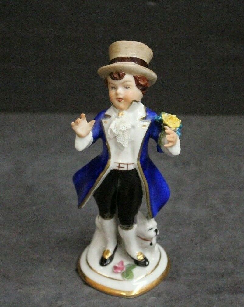 West Germany Dresden Young Man - Boy Top Hat Porcelain Figurine Signed Vintage