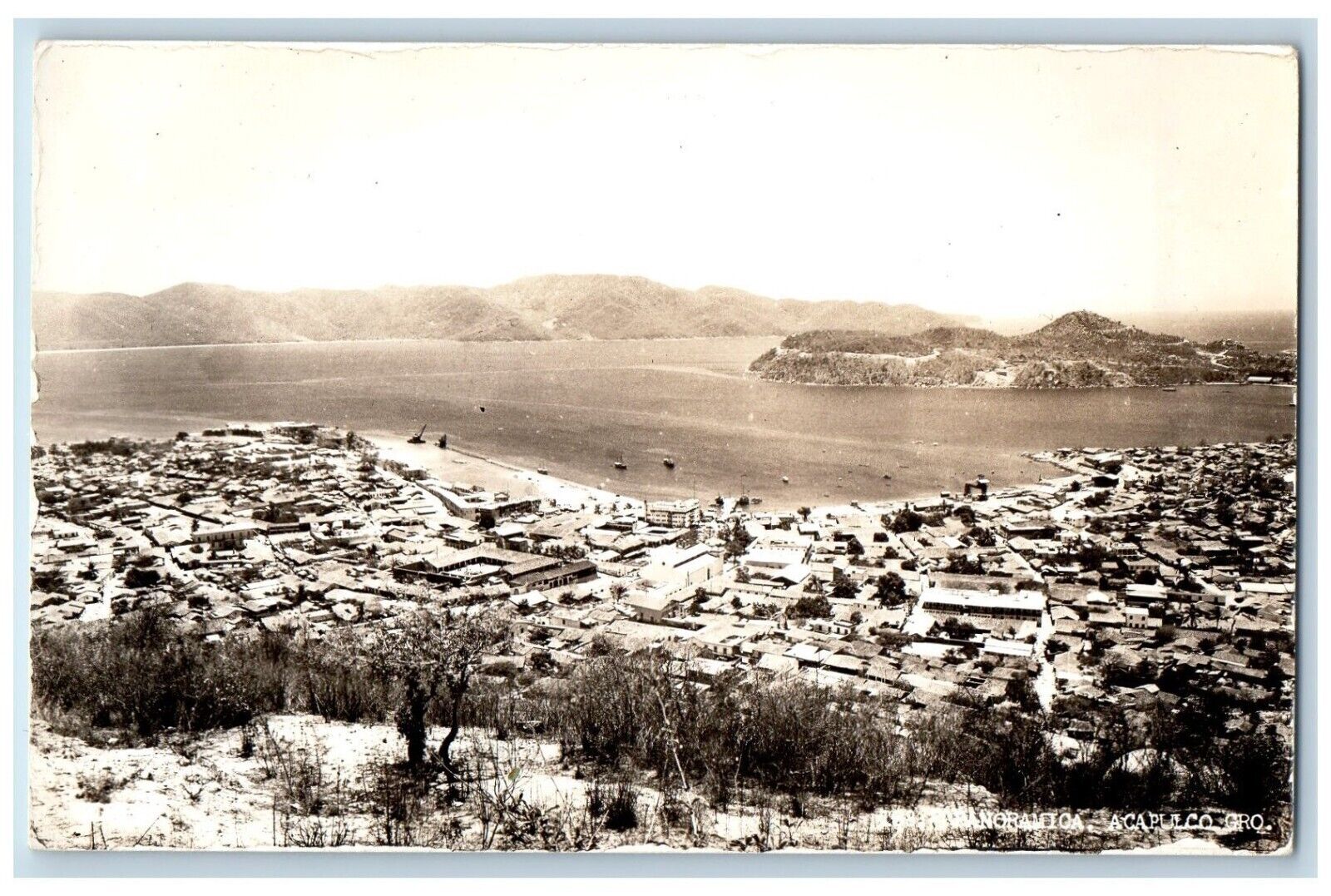 c1920's Panoramic View River Buildings Boat Acapulco Mexico RPPC Photo Postcard