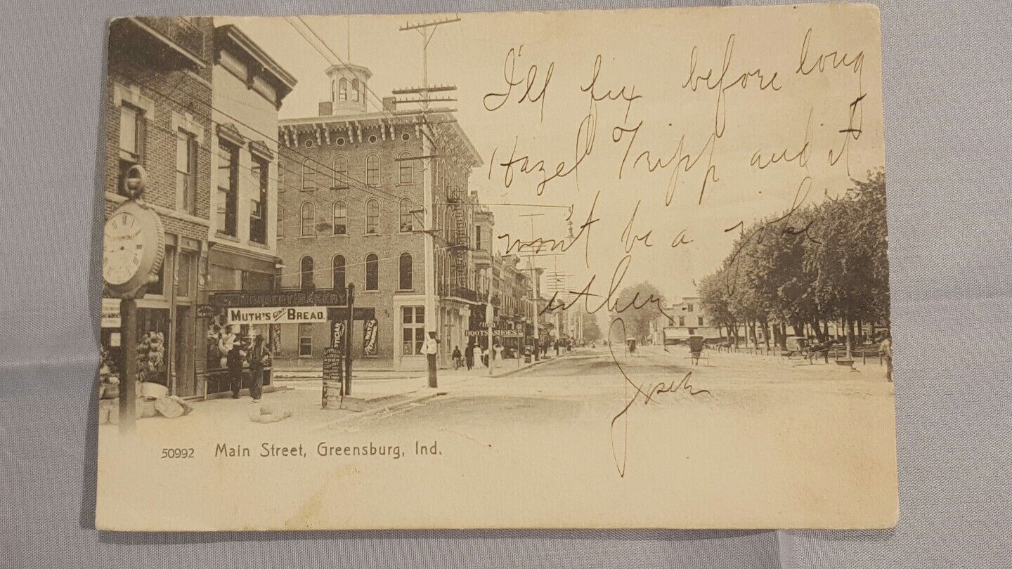 Greensburg Indiana postcard 1906 Main st Square RARE HISTORY ADVERTISING 