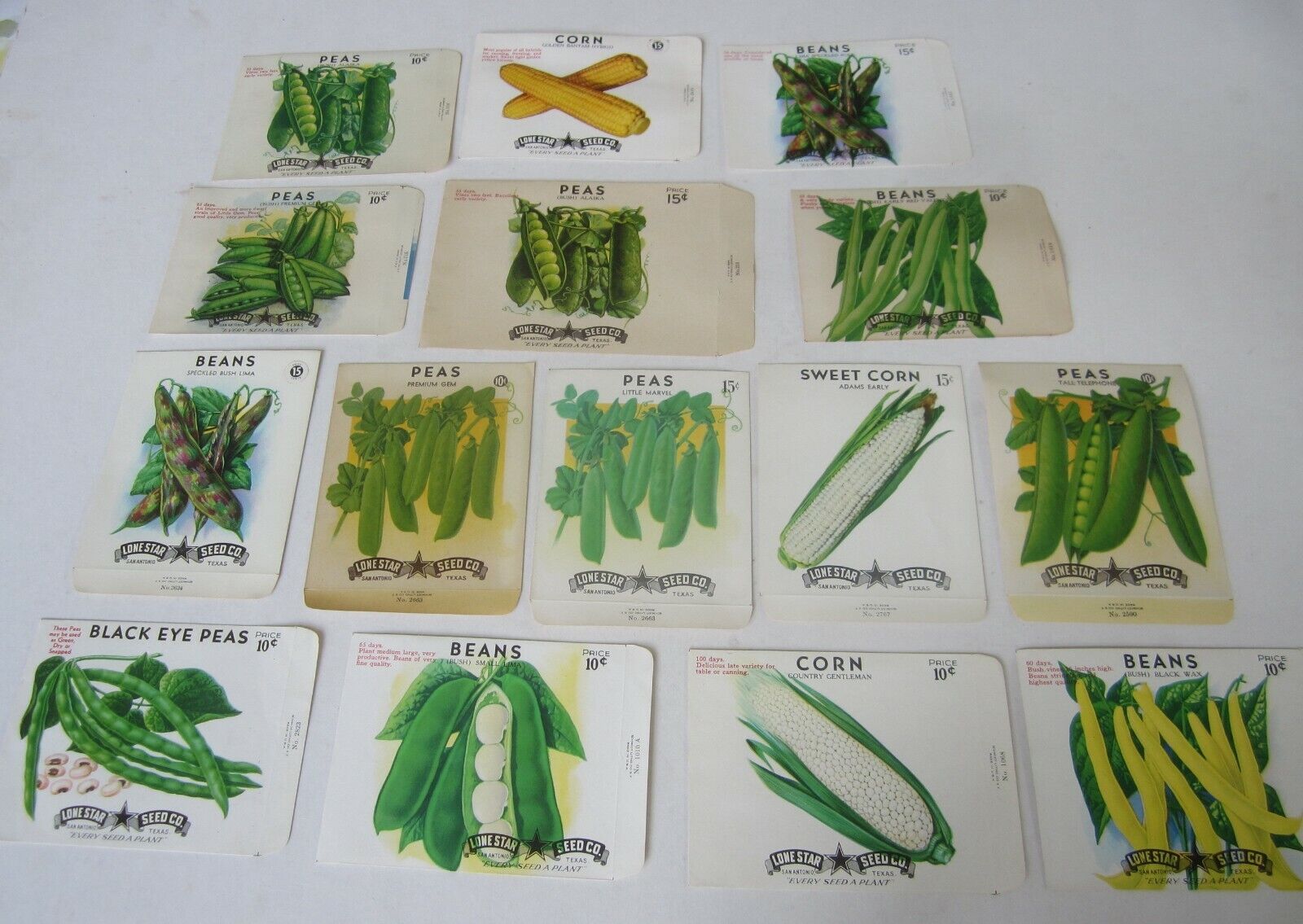 Lot of 15 Old Vintage 1930\'s-1950\'s - BEANS - PEAS - CORN - SEED PACKETS - EMPTY