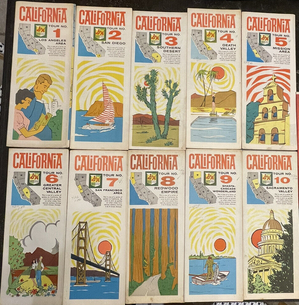 Cool Vintage 1962 S&H Green Stamp California Tour Maps, Complete Set Of 10 Maps