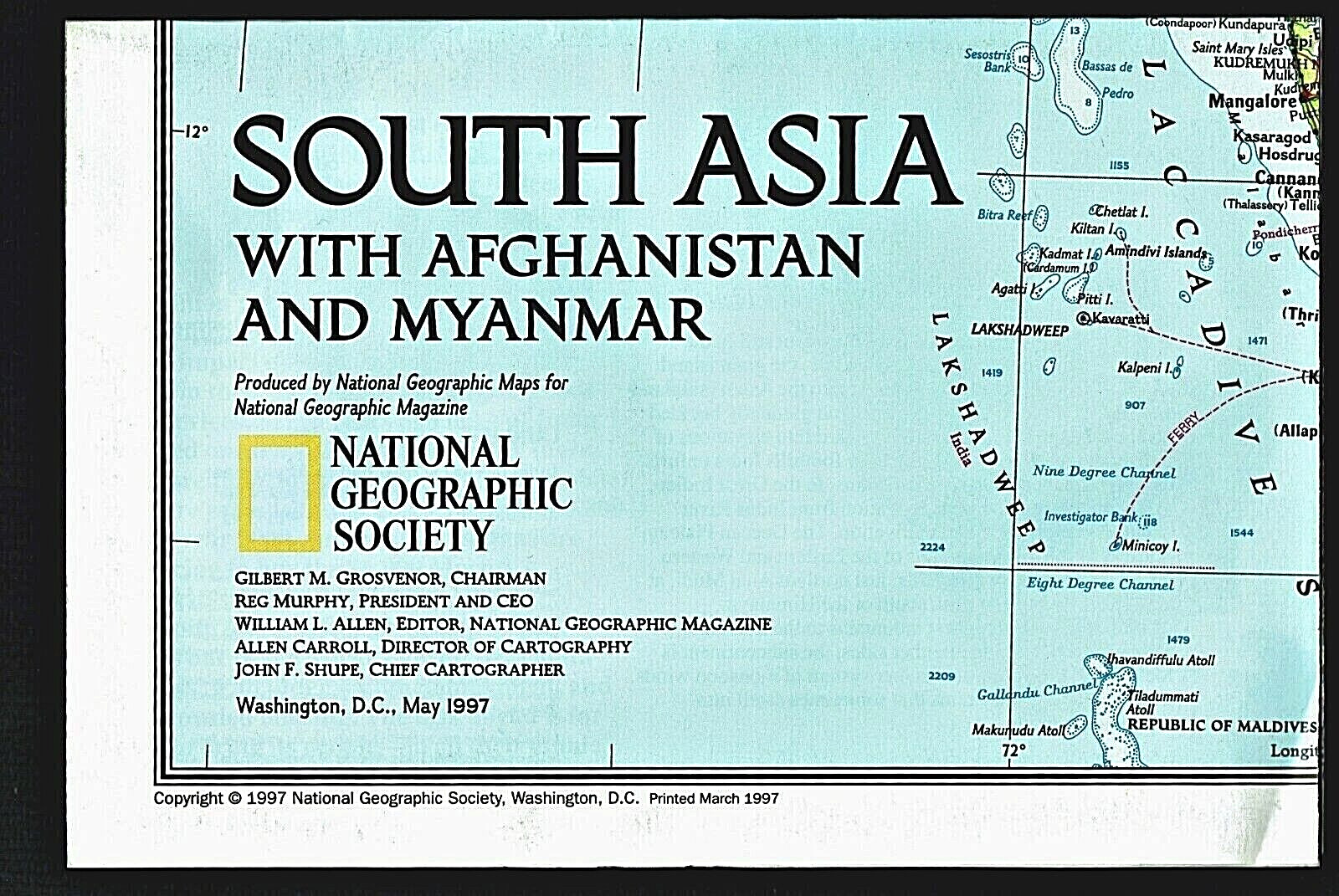 ⫸ 1997-5 May INDIA & SOUTH ASIA Afghanistan Myanmar National Geographic Map - A3