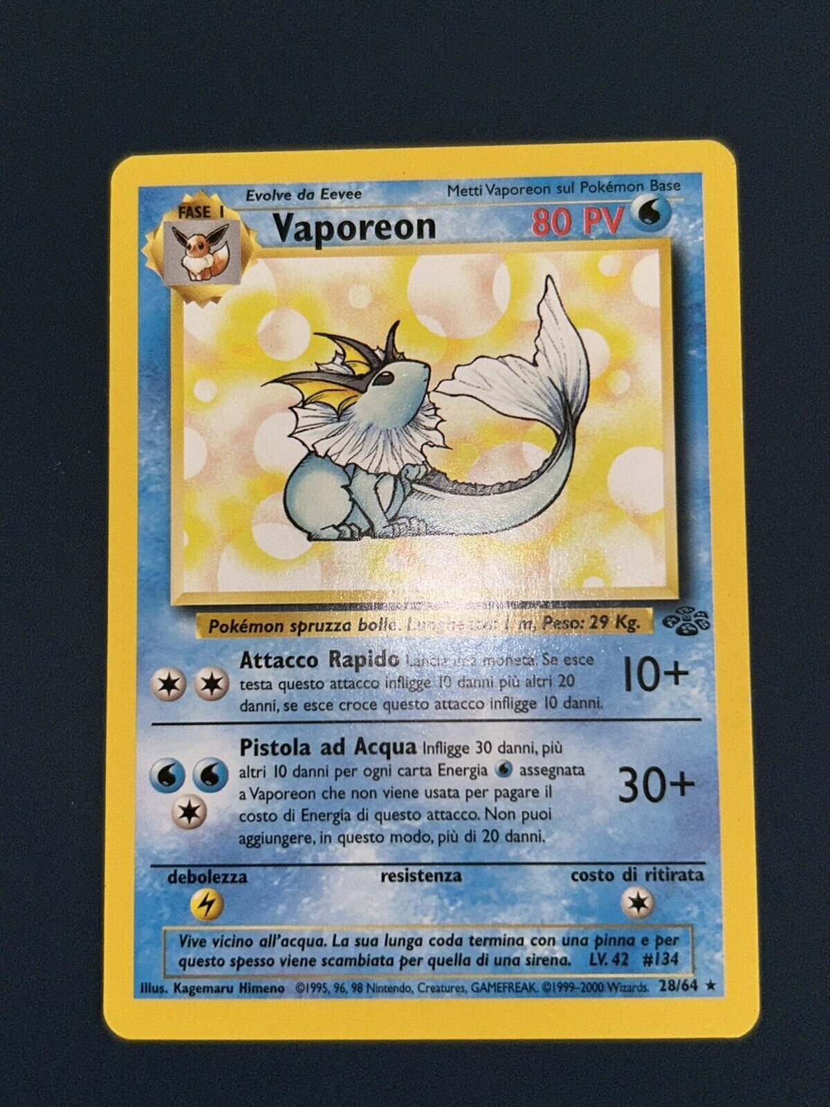 Vintage Ita Rare Near Mint 28/64 Pokémon Card Vaporeon Jungle