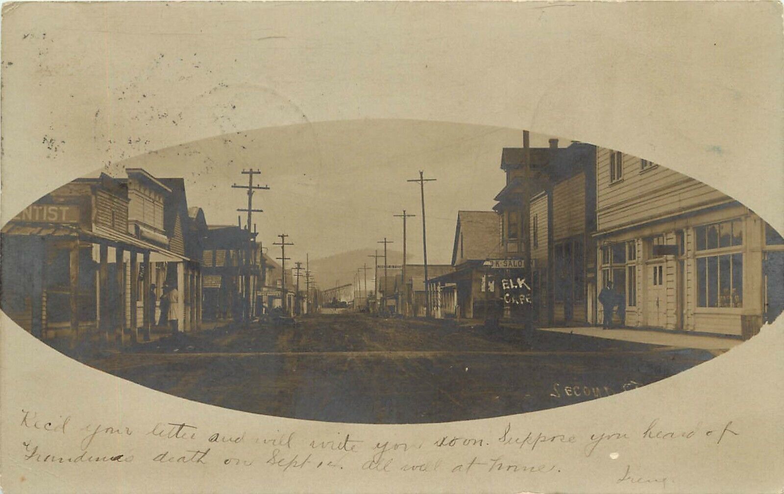 1906 RPPC; Crescent City CA Second Street Scene, Elk Cafe, O.K. Saloon, Dentist