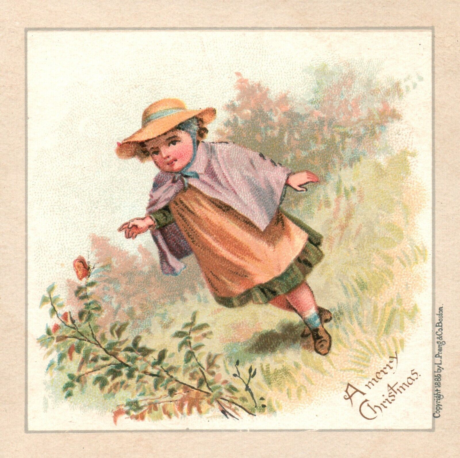 1880s-90s A Merry Christmas Young Girl Dressed with Hat Flowers Trade Card