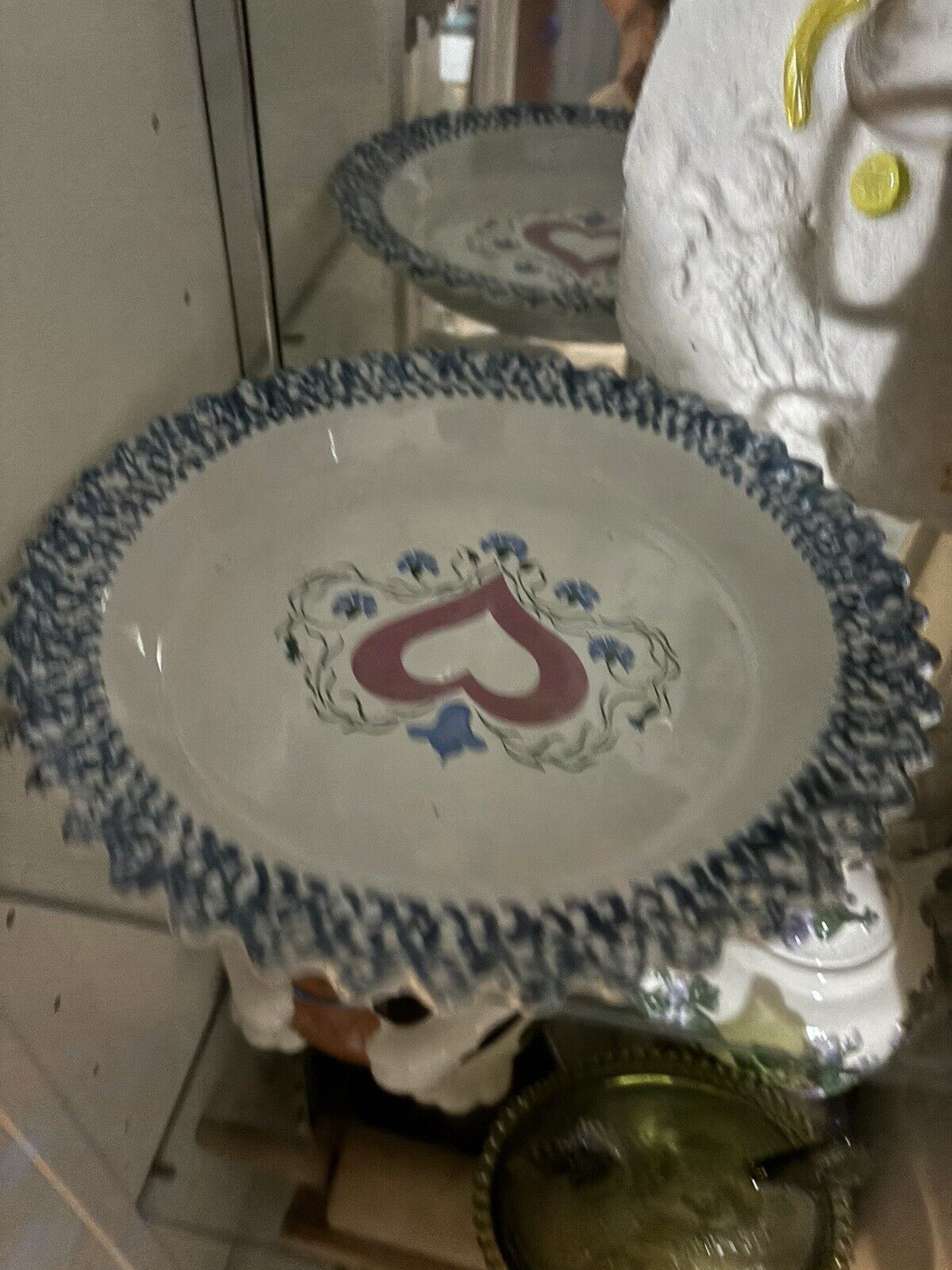ABC Exclusive Country Heart  Pie Dish, White With Blue Trim Pink Heart 10.5\