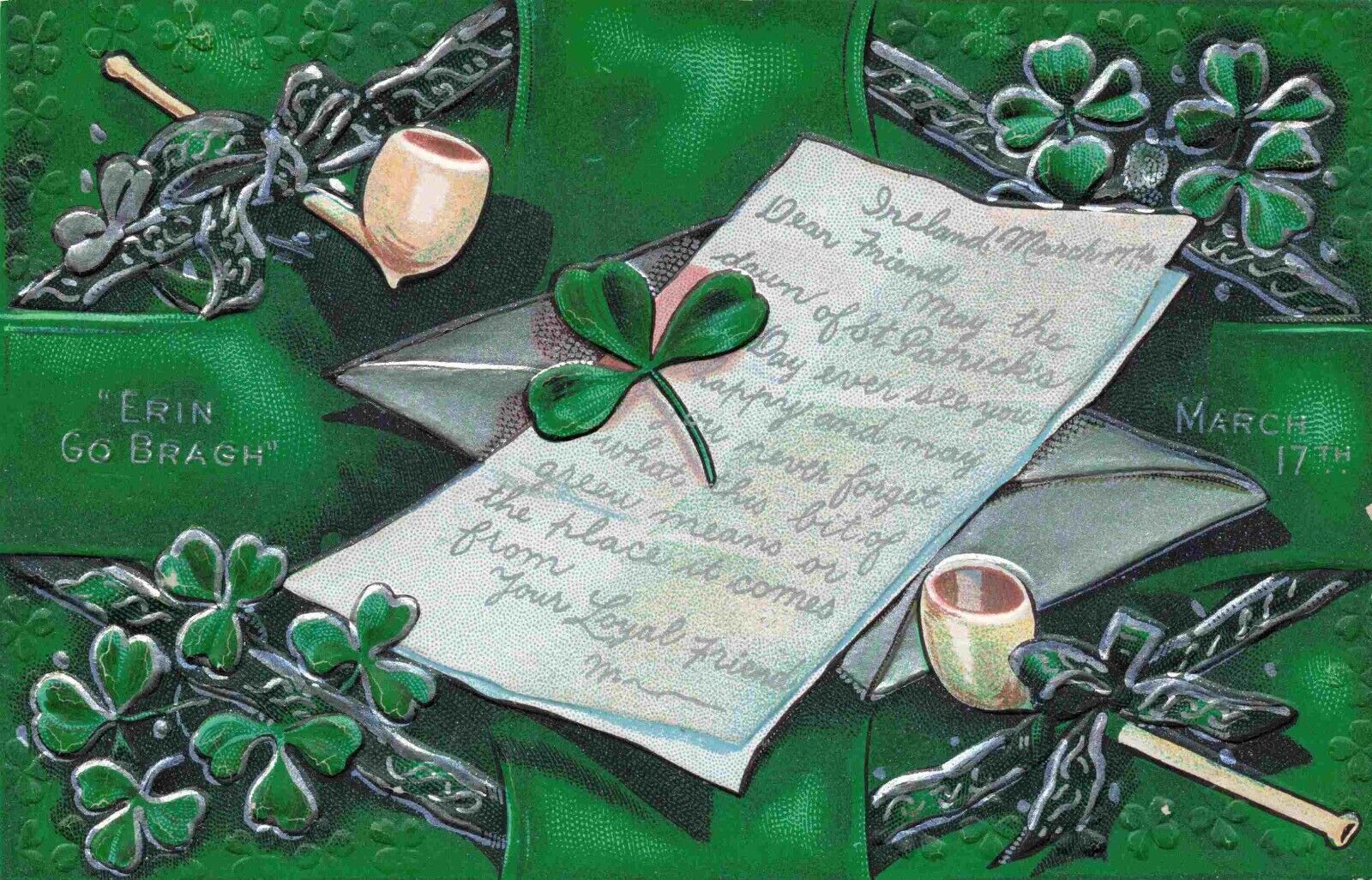 St Patrick\'s Day Beautifully Embossed & Silver Accents Pipe Shamrocks Postcard
