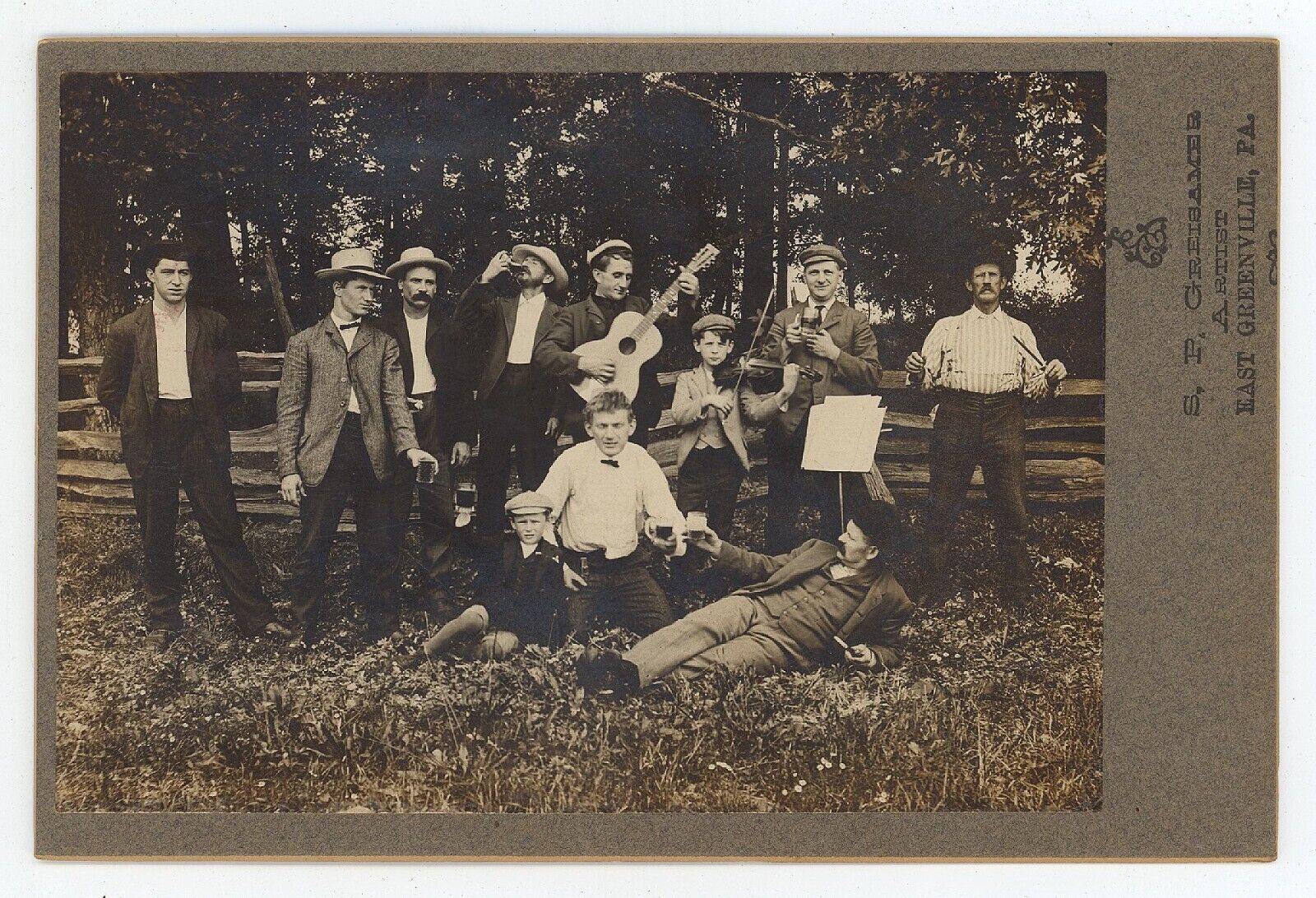 Antique c1890s Funny Cabinet Card Men and Boys Drinking Playing E. Greenville PA