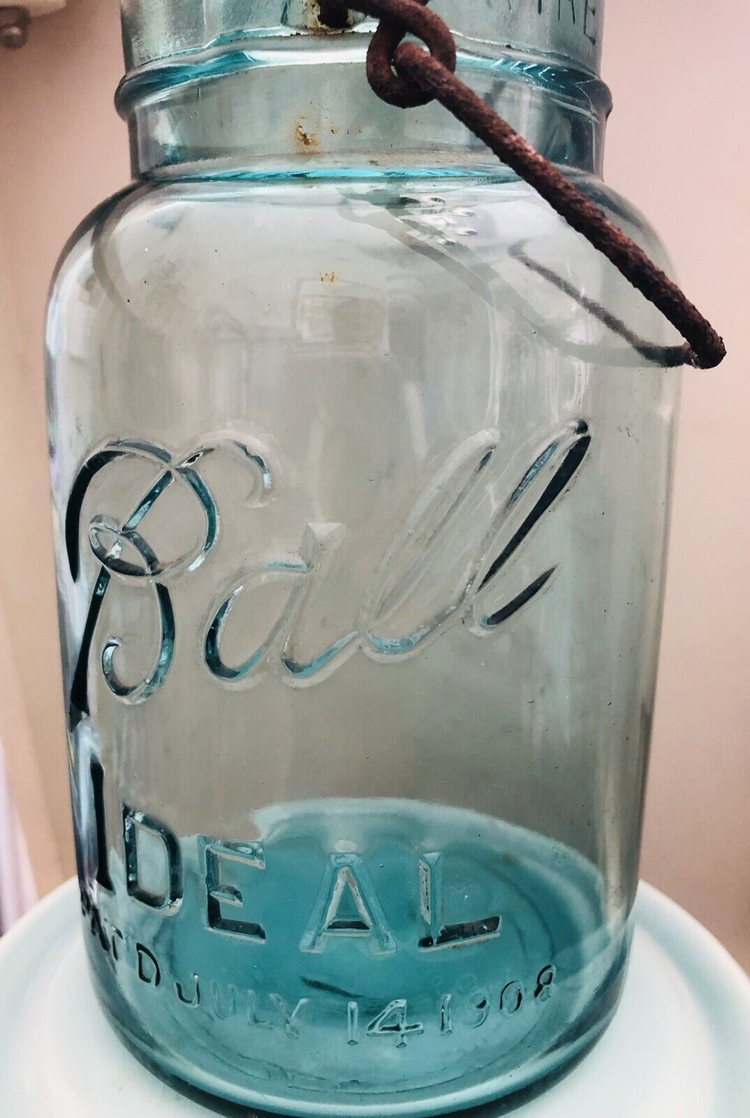 Ball Mason Jar Wire Bale Aqua Blue Vintage Quart Jar Glass Lid 1920\'s #8