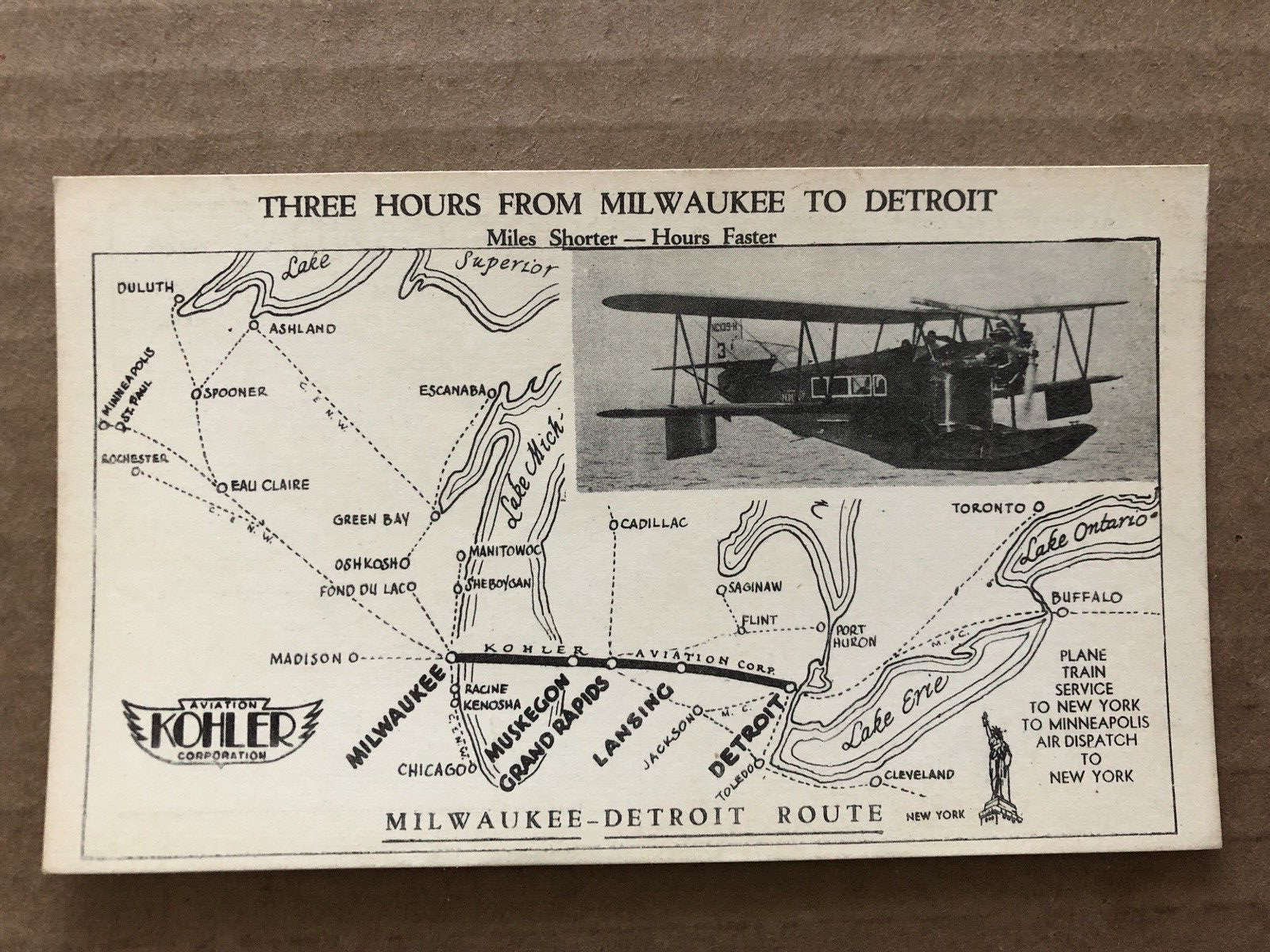 Vintage KOHLER AVIATION CORPORATION Postcard Milwaukee to Detroit