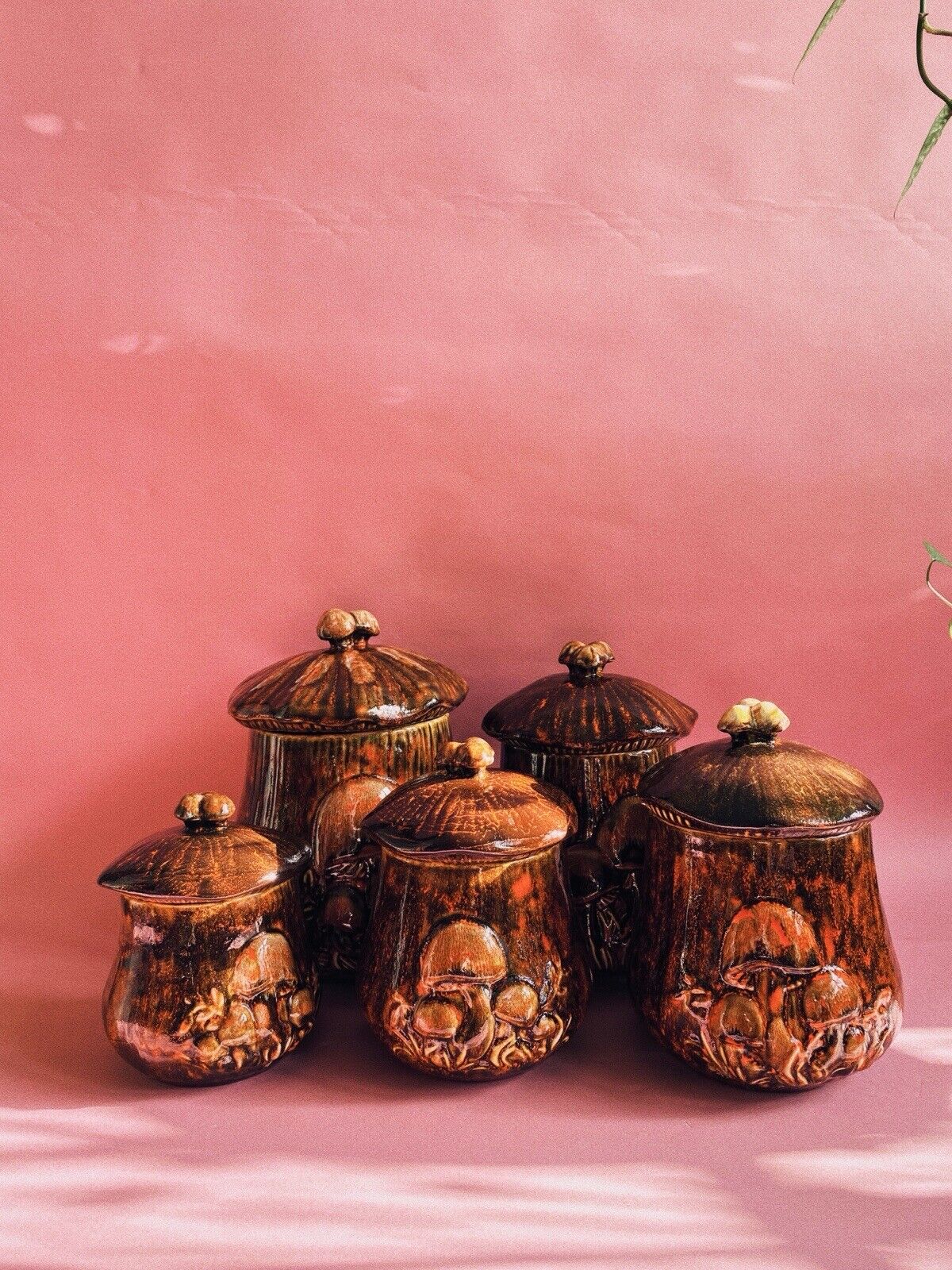 Vintage 1970s Set of 5 Mushroom Hand Painted Dark Brown Ceramic Canisters Jars