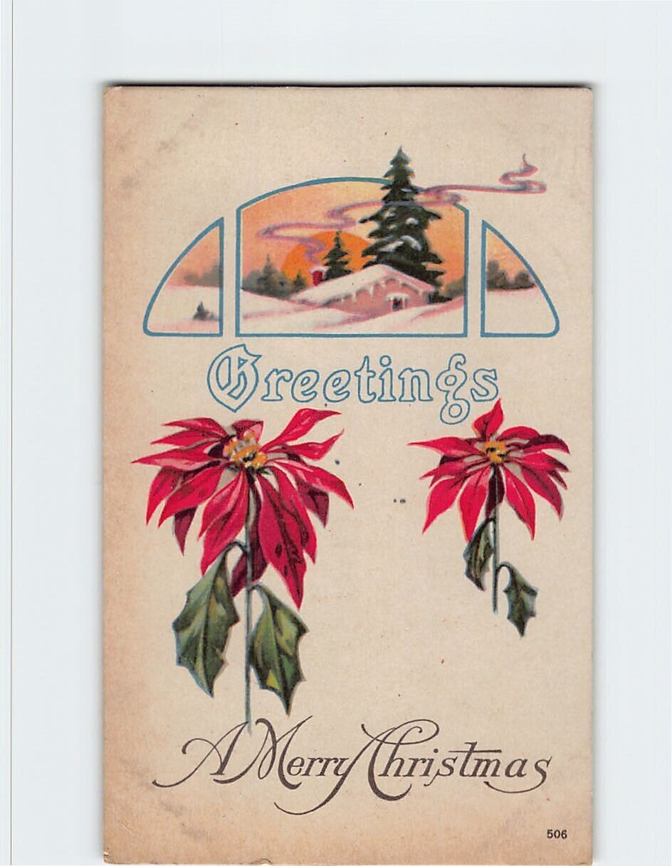 Postcard A Merry Christmas, Greetings with Flowers Art Print