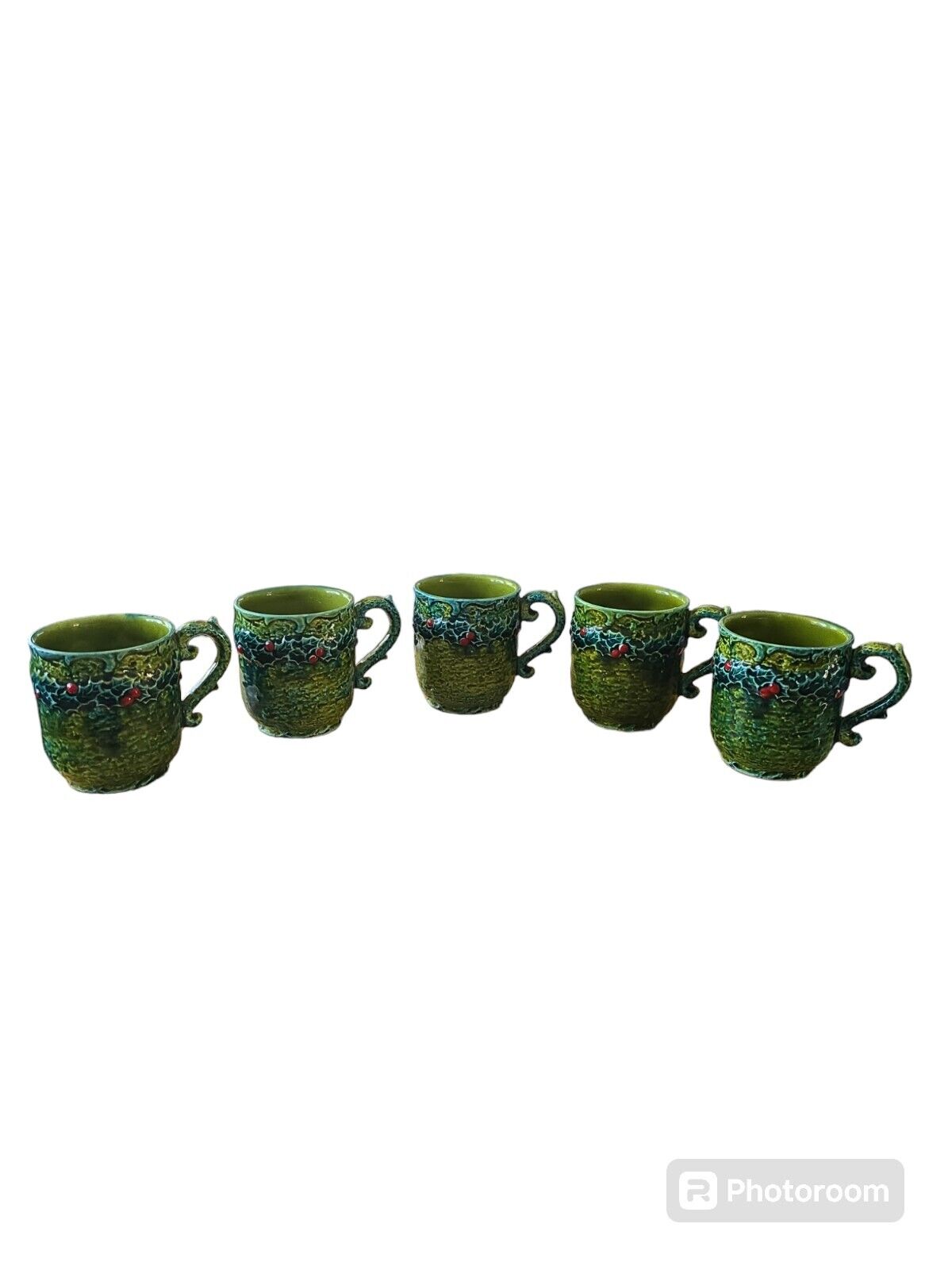 5 Vintage Napcoware Holly & Berry Green 8 Oz Coffee Mug Cups