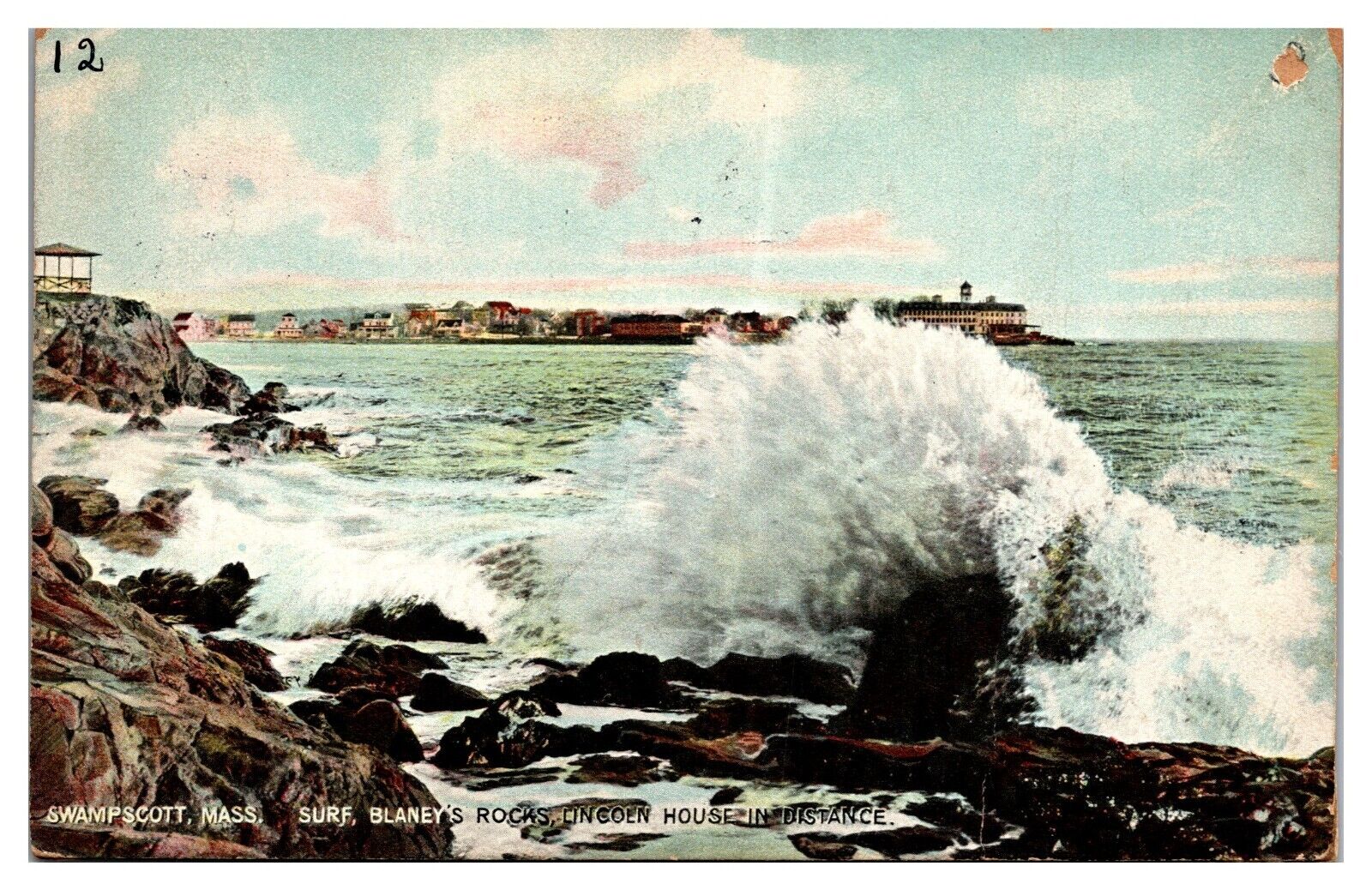 1908 Surf, Blaneys Rocks, Lincoln House in Distance, Swampscott, MA