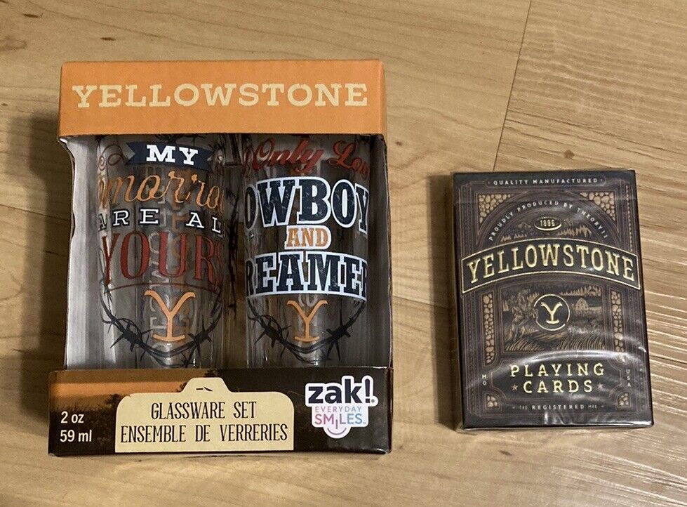 SALE NEW Set Of 4 YELLOWSTONE Authentic Mini 2 Oz Shot Glasses +FREE deck cards