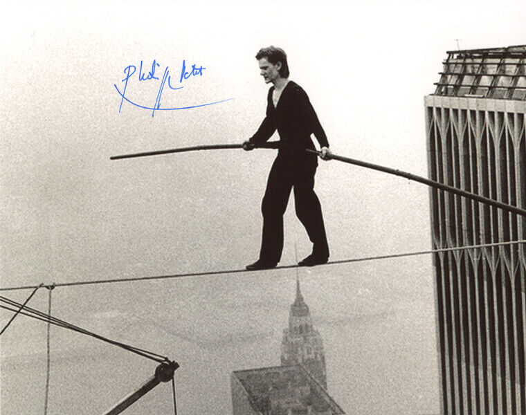 PHILIPPE PETIT SIGNED 8x10 PHOTO CROSSED ON WIRE WORLD TRADE CENTER BECKETT BAS
