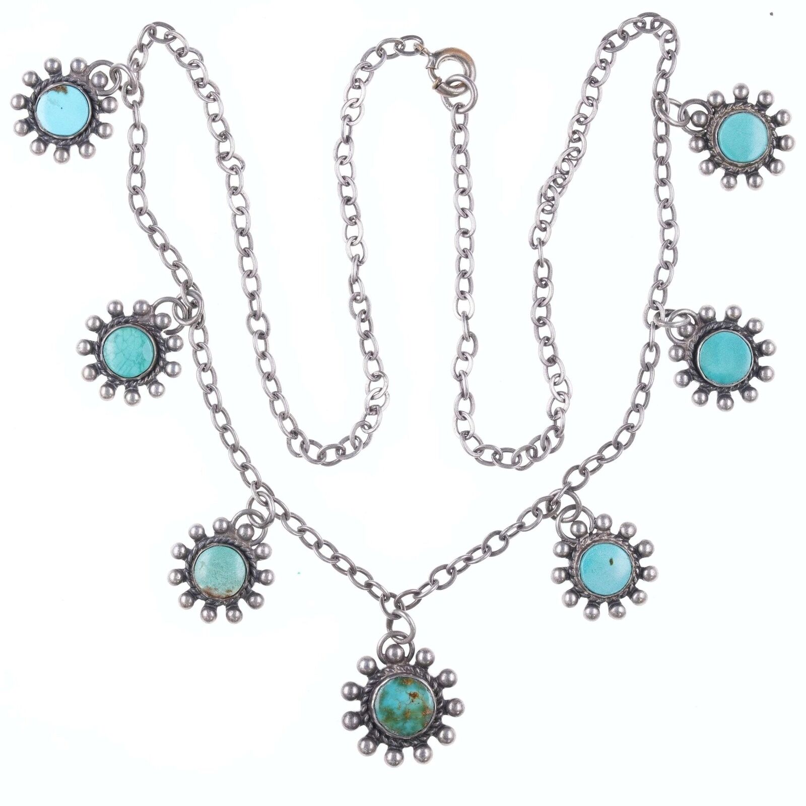 c1940's Vintage Native American sterling and turquoise charm necklace
