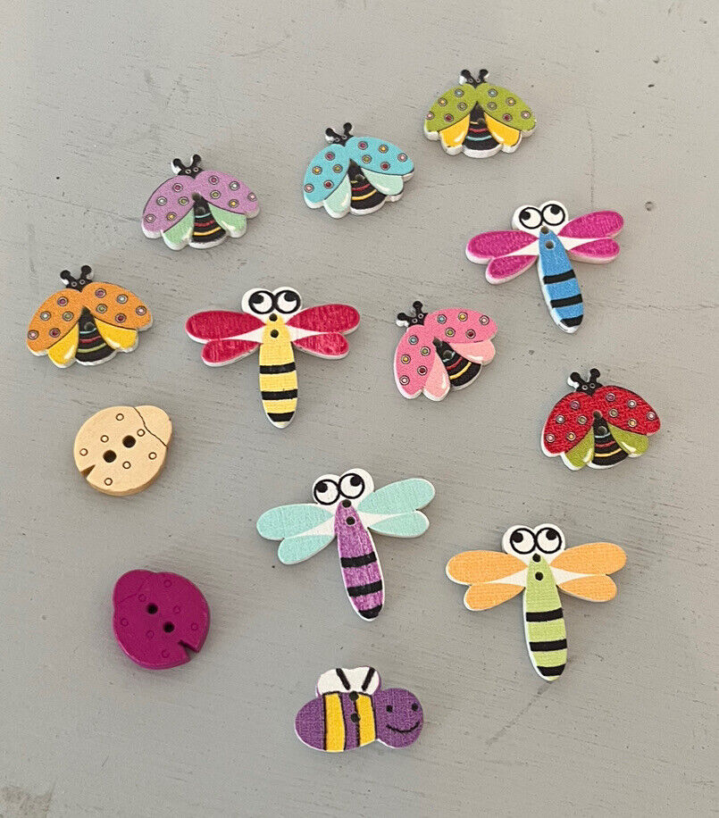 Lot of 350+ Painted Wood Buttons Insects Bugs Bees Butterfly Container Included