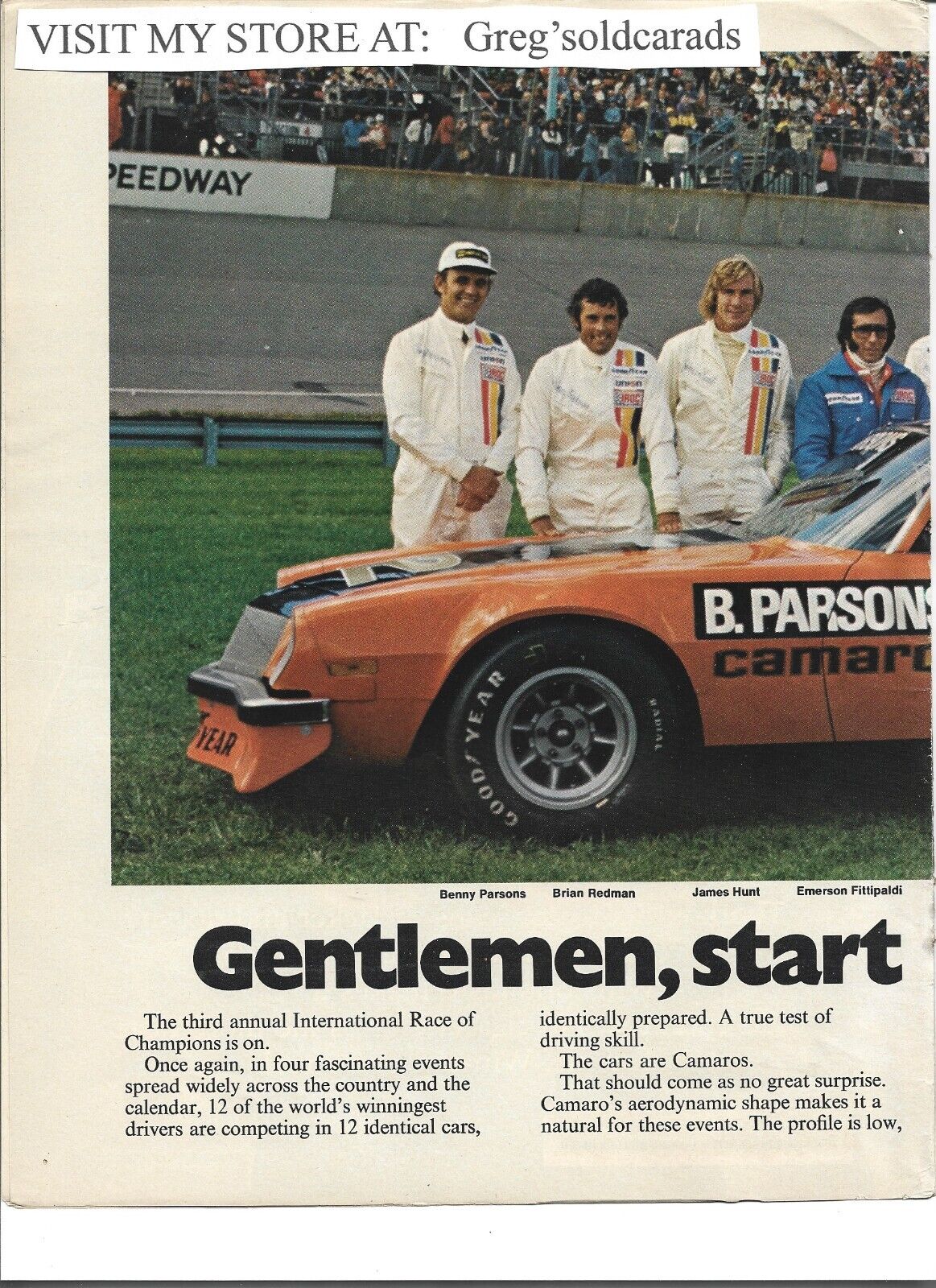 1976 Chevrolet Camaro print ad featuring the IROC racing car and their drivers