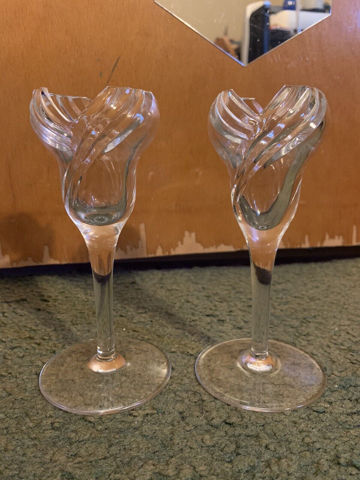 LENOX CANDLE HOLDERS Cut Glass Pair Unique Clear Glass 6” - Very Rare Design