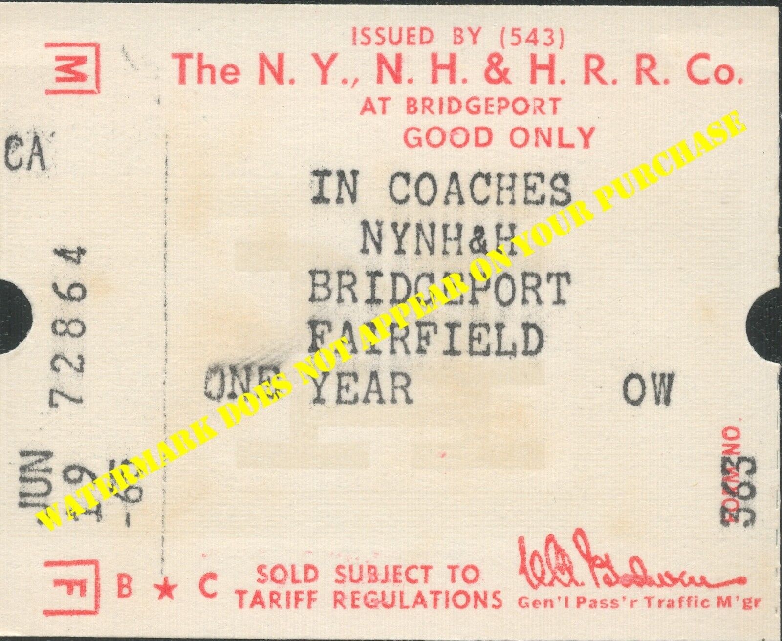New Haven NYNH&H Bridgeport-Fairfield OW unused Ticketeer 6/19/1965