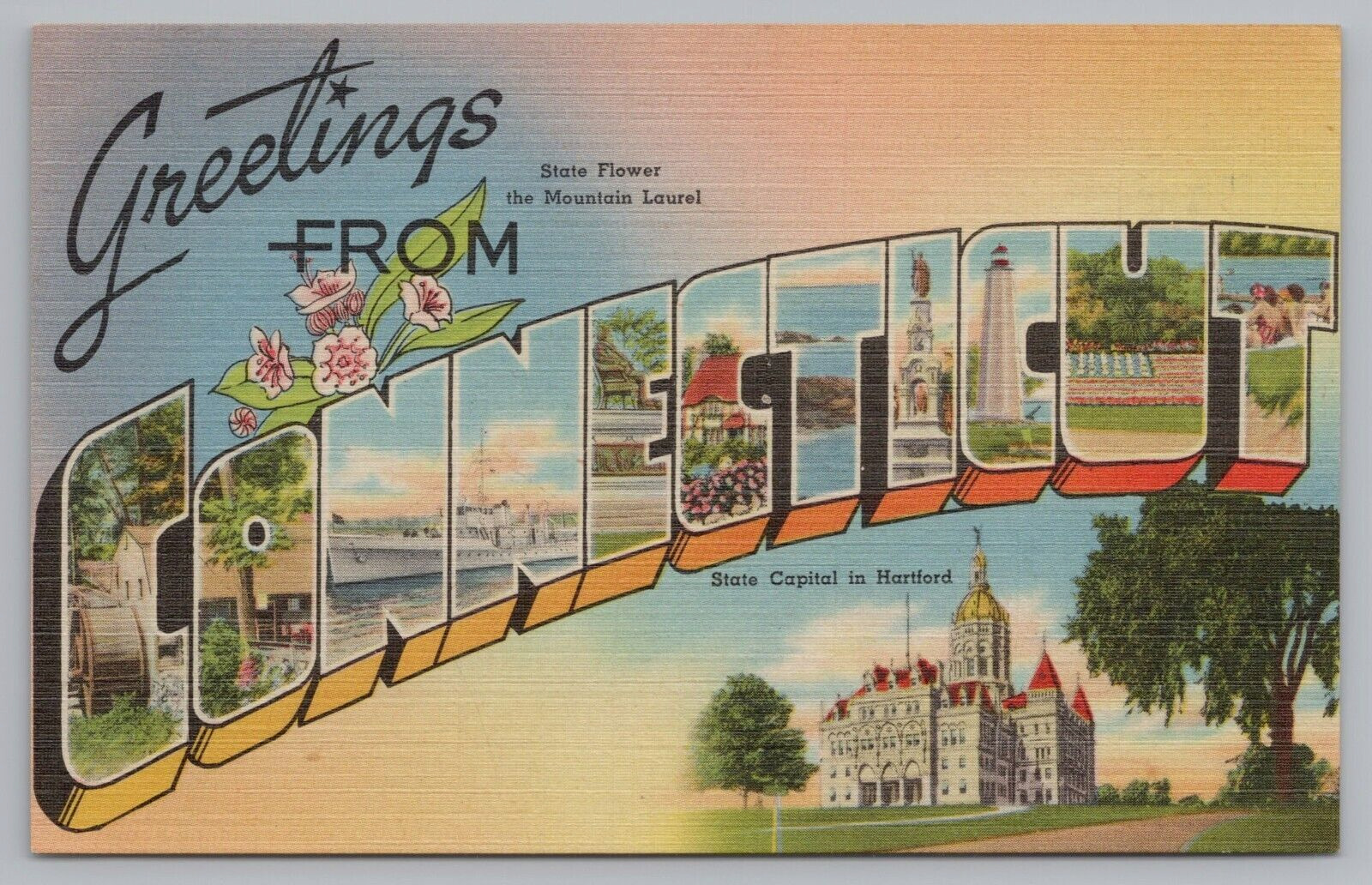 Postcard Large Letter Greetings From Connecticut Unposted Linen c1954