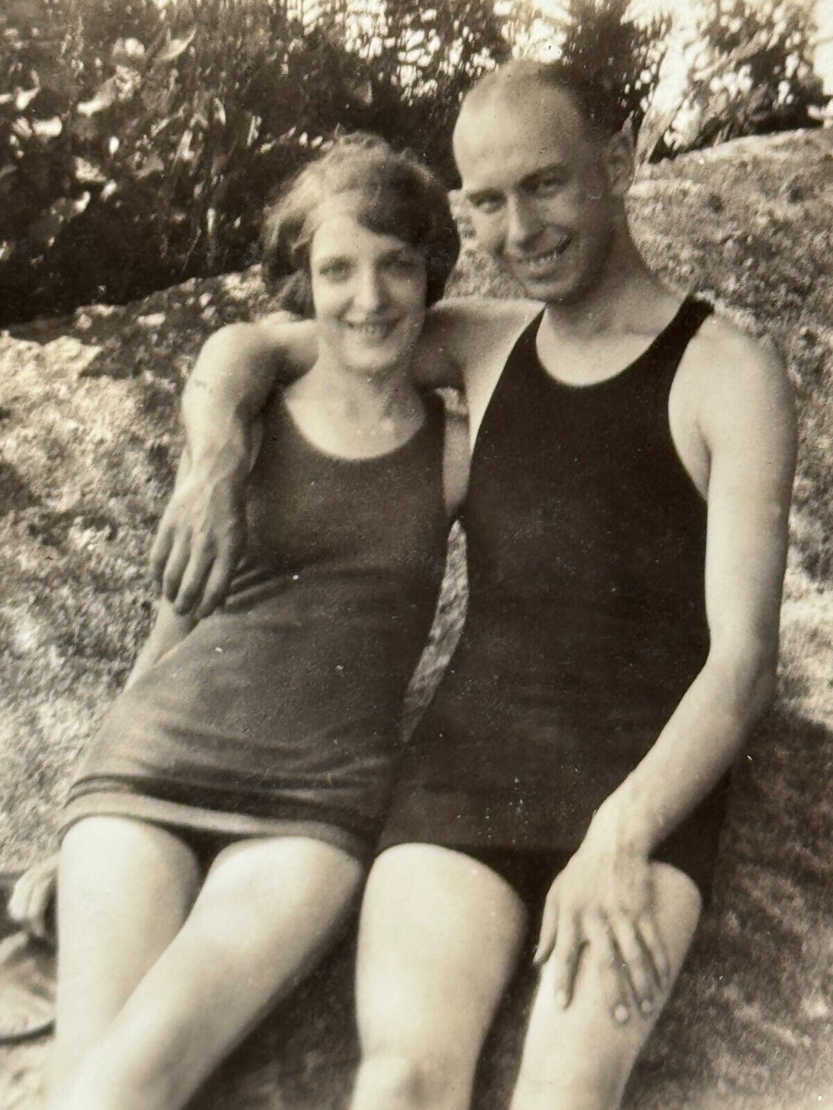 1Q Photograph Cute Couple Handsome Man Pretty Woman One Piece Bathing Suis 1920s