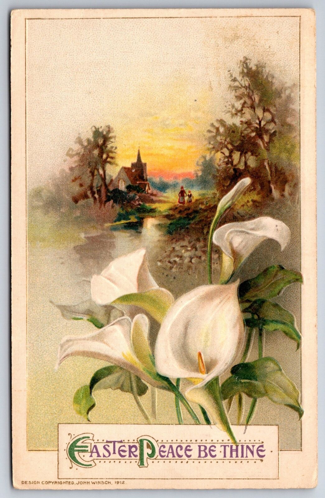Easter Peace Be Thine~Canna Lilies & Path To Church Scene~PM 1913~Vtg Postcard