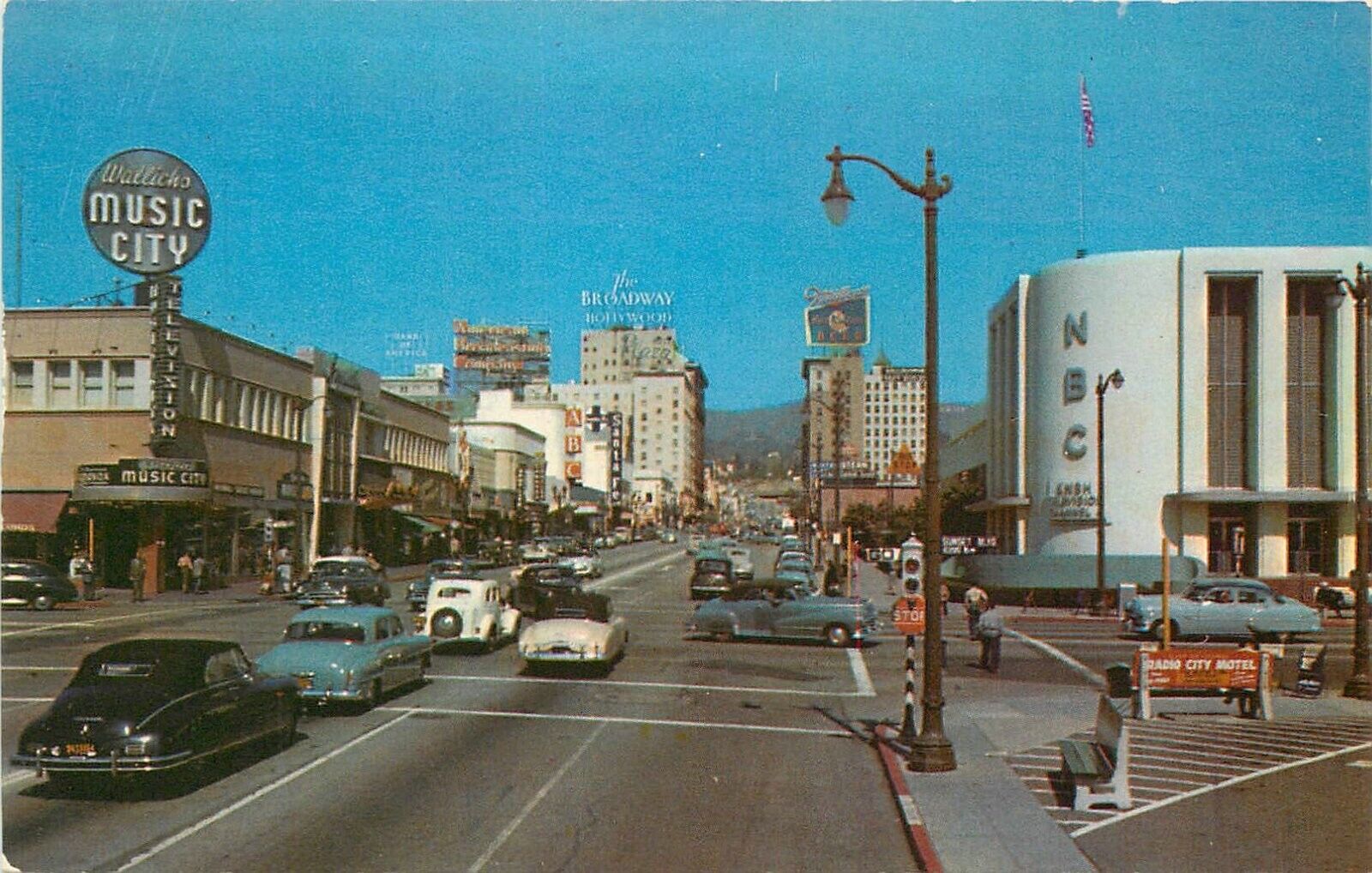 Postcard 1950s Hollywood California autos Sunset & Vine Colorpicture 24-6050