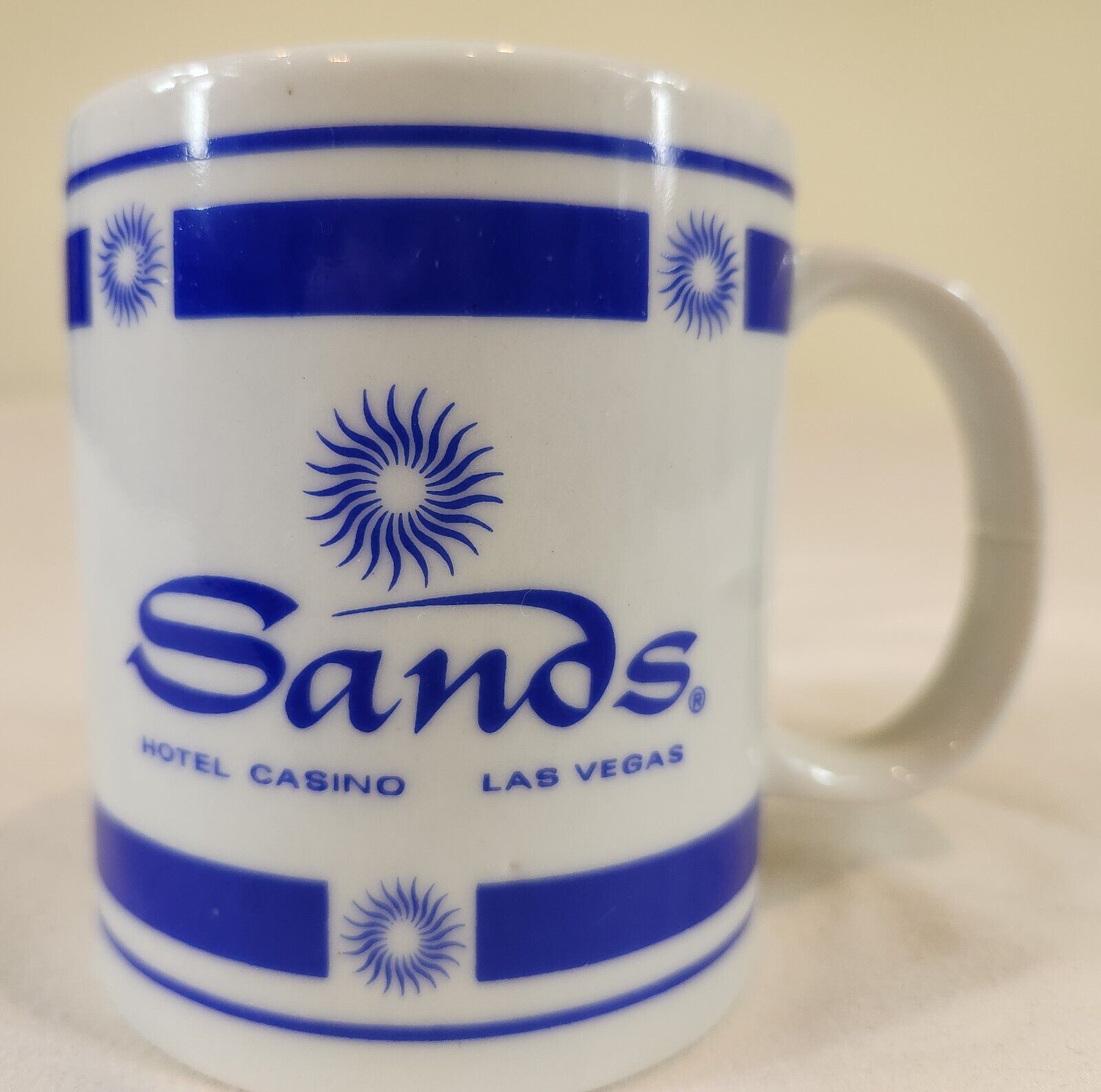 Vintage Sands Hotel & Casino Las Vegas Ceramic Coffee Mug Cup Blue/White