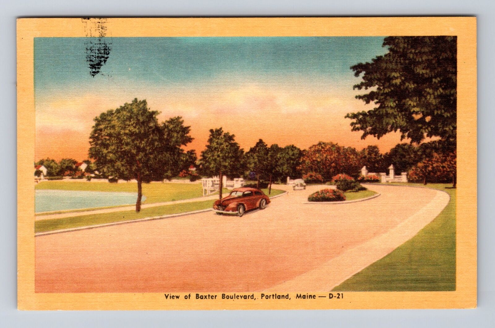 Portland ME-Maine, Baxter Boulevard, Pond, Early Auto, Antique Vintage Postcard