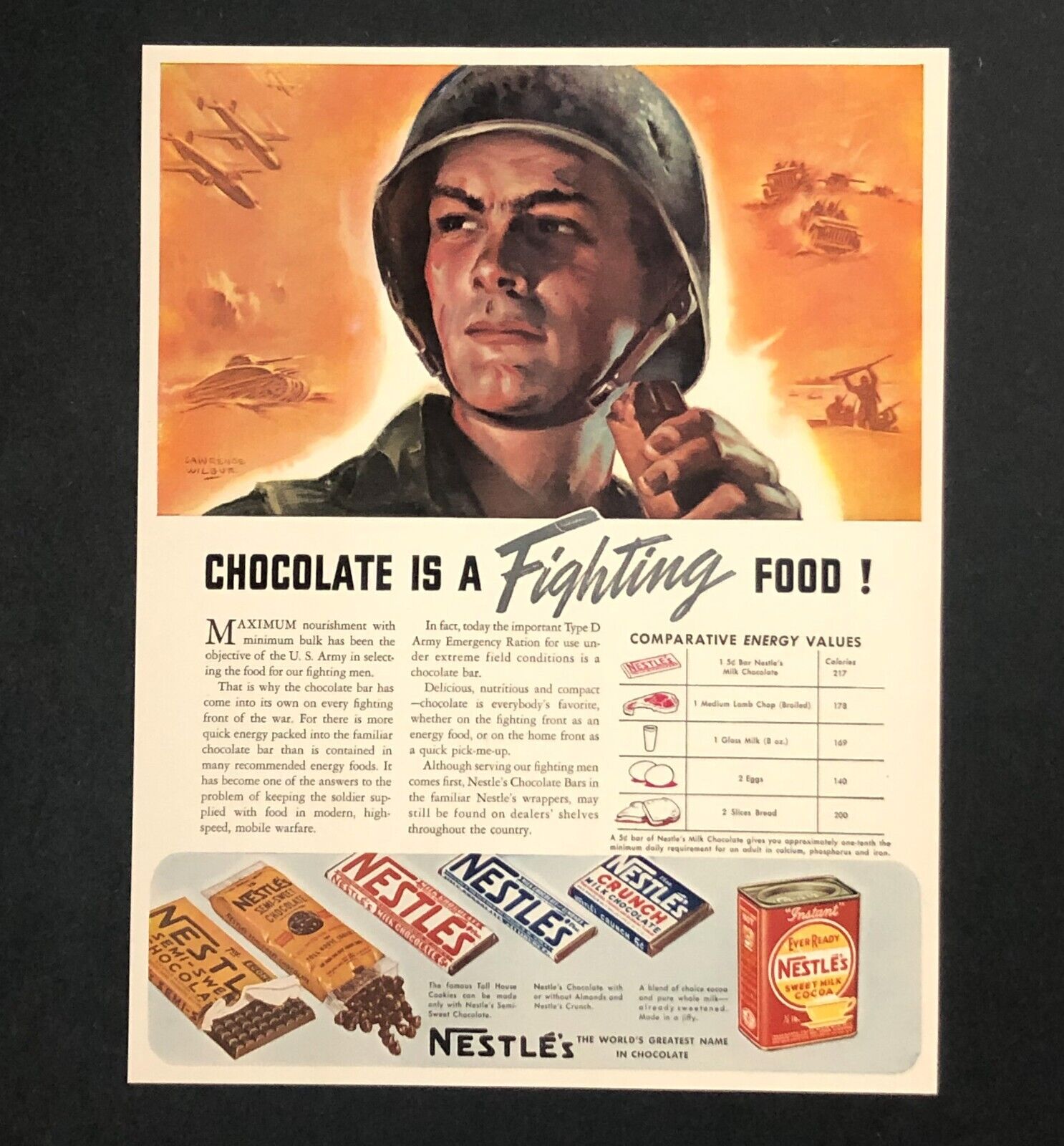 1942 Nestles Chocolate WW II Advertisement US Army Food Solider Vintage Print AD