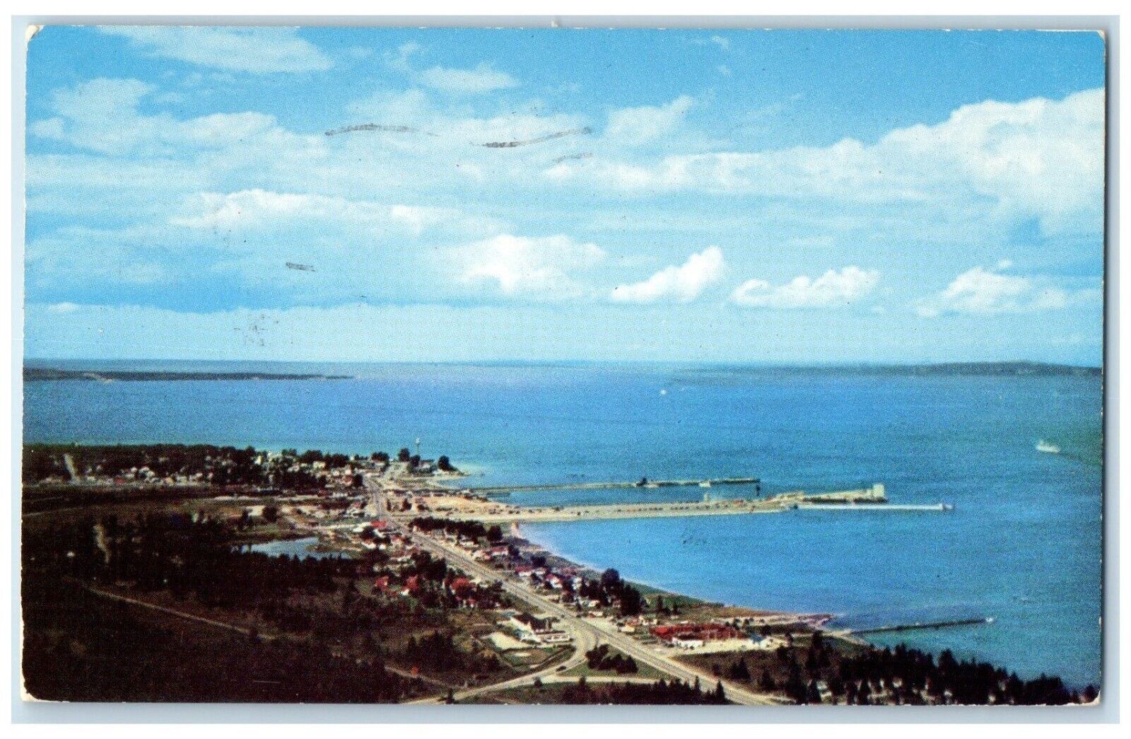 1954 Aerial View Hub Straits Region St. Ignace Mackinaw City Michigan Postcard