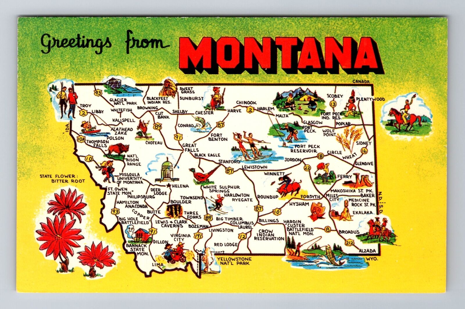 MT-Montana, General Map Greetings, Landmarks, Antique, Vintage Souvenir Postcard